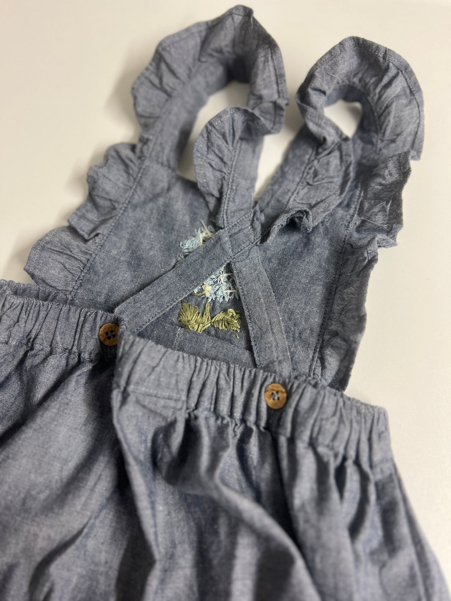 Hydrangea Denim | hand-embroidered pinafore dress | size 98 (2–3 years)