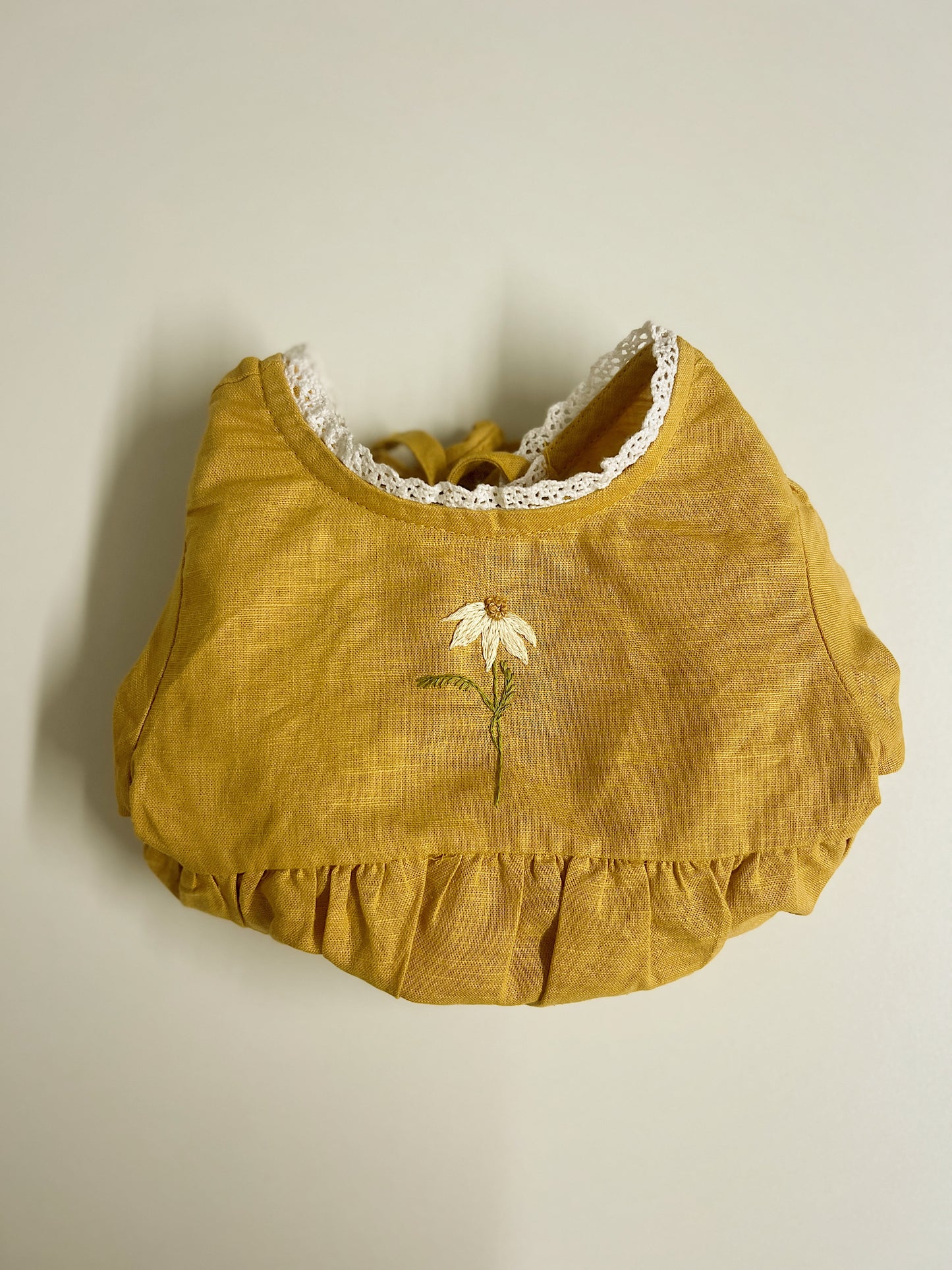 Golden Daisy | hand-embroidered linen blend romper | size 56 (0-3 months)