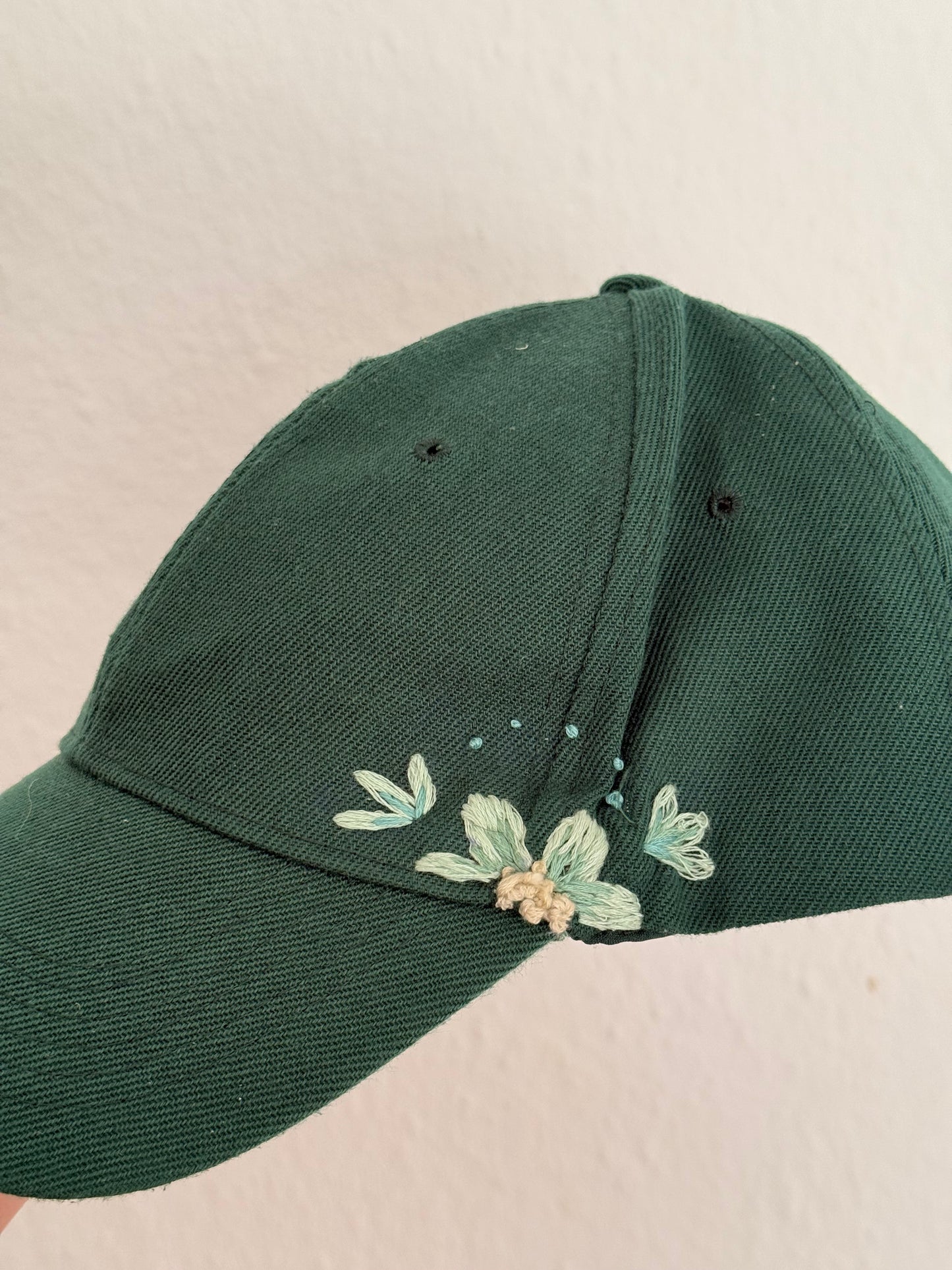 Dark Green Hand-Embroidered Botanical Cap
