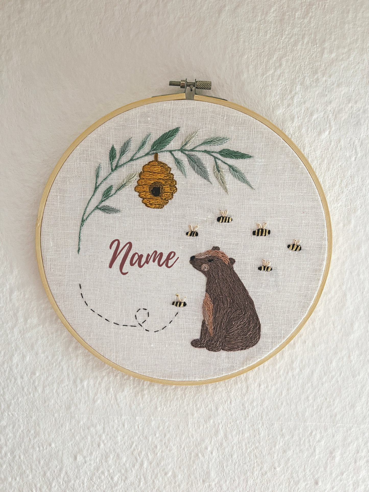 Bear & Bees - Woodland Bear – Personalized Embroidery Hoop for Kids’ Room | The Name of Your Choice