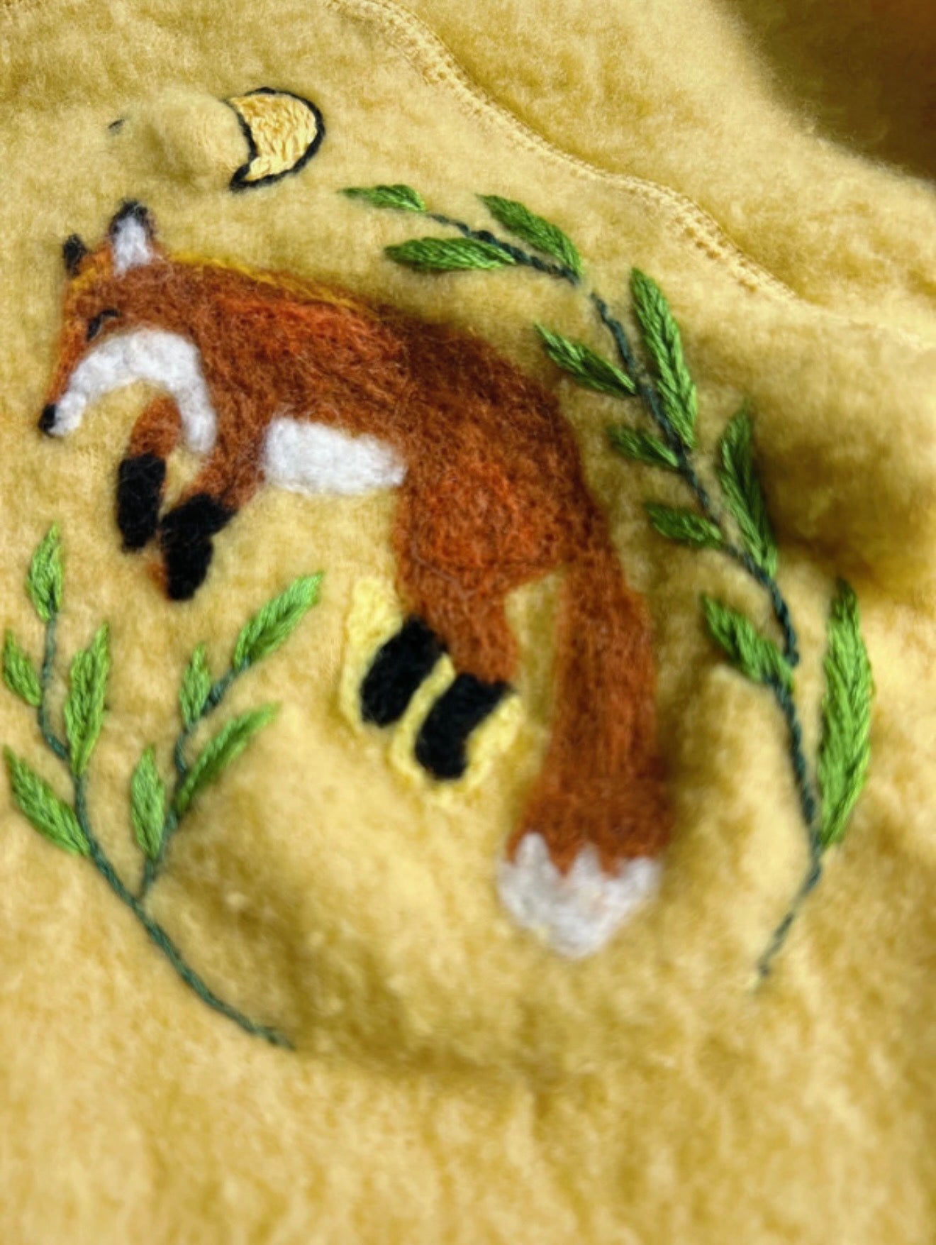 Upcycled Alana Merino Wool Baby Jacket with Handcrafted Fox – Mustard Yellow – Size 62