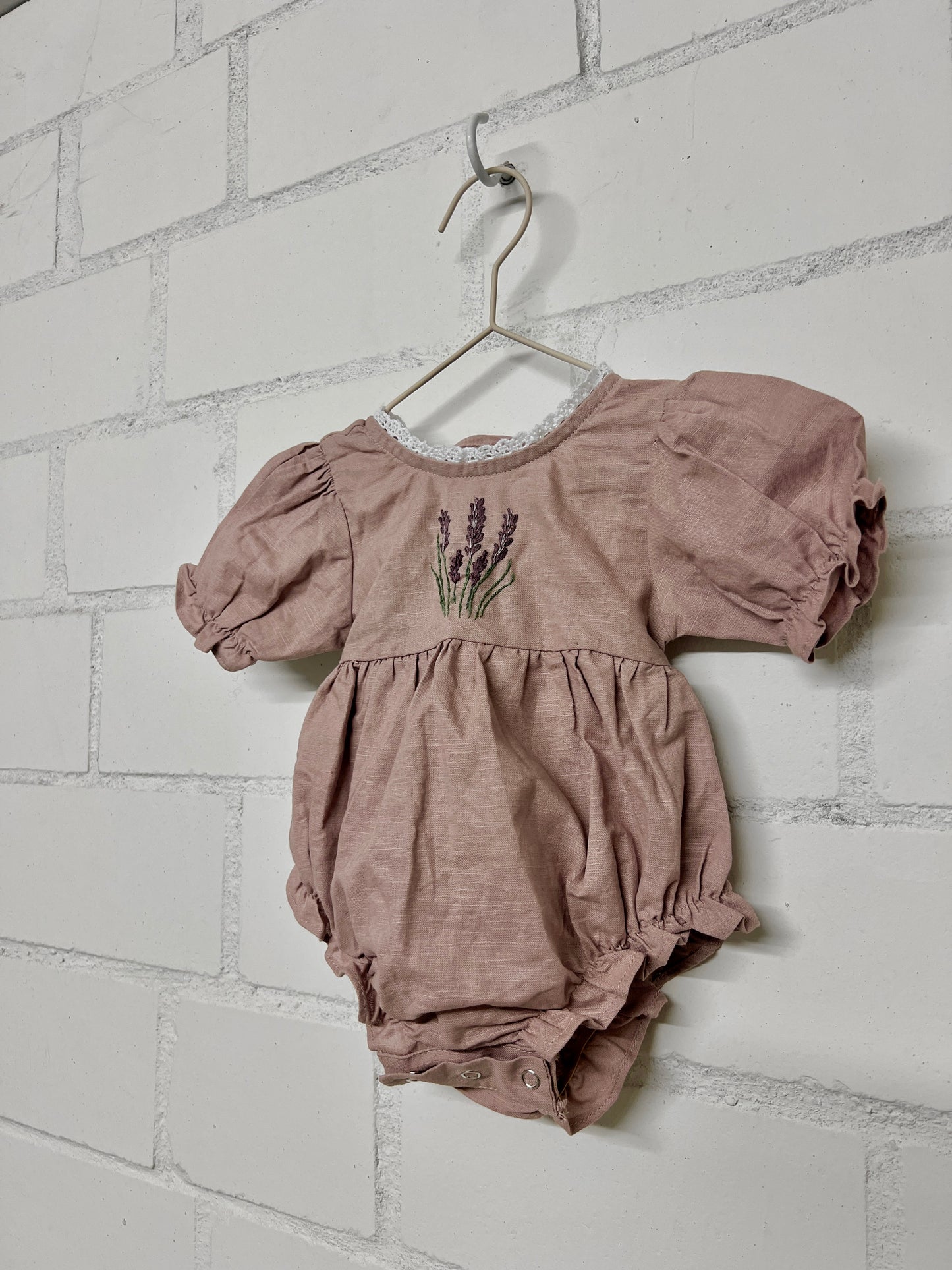 Lavender Breeze | Hand-Embroidered Linen Blend Baby Bodysuit | 0-3 months