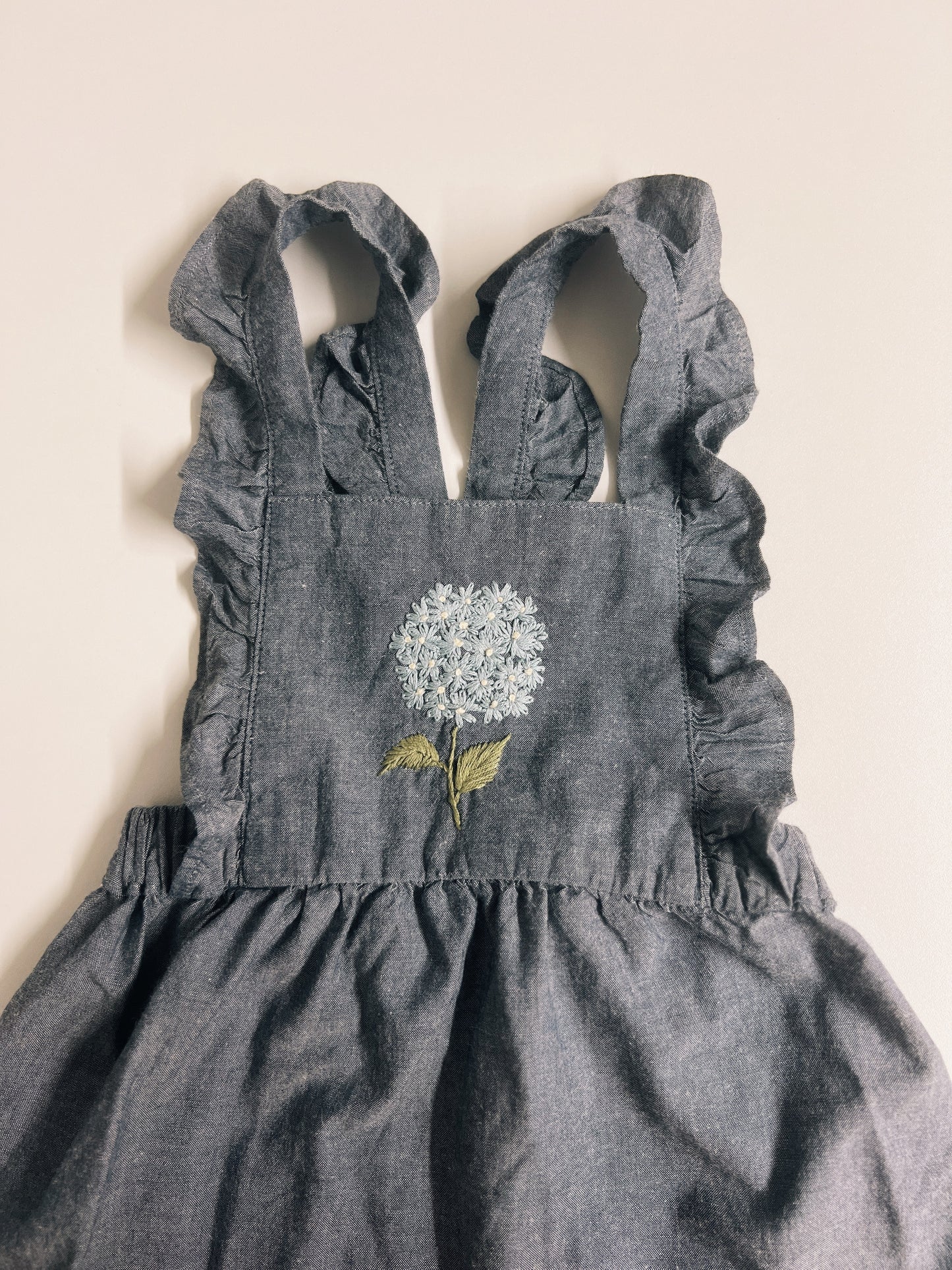 Hydrangea Denim | hand-embroidered pinafore dress | size 98 (2–3 years)