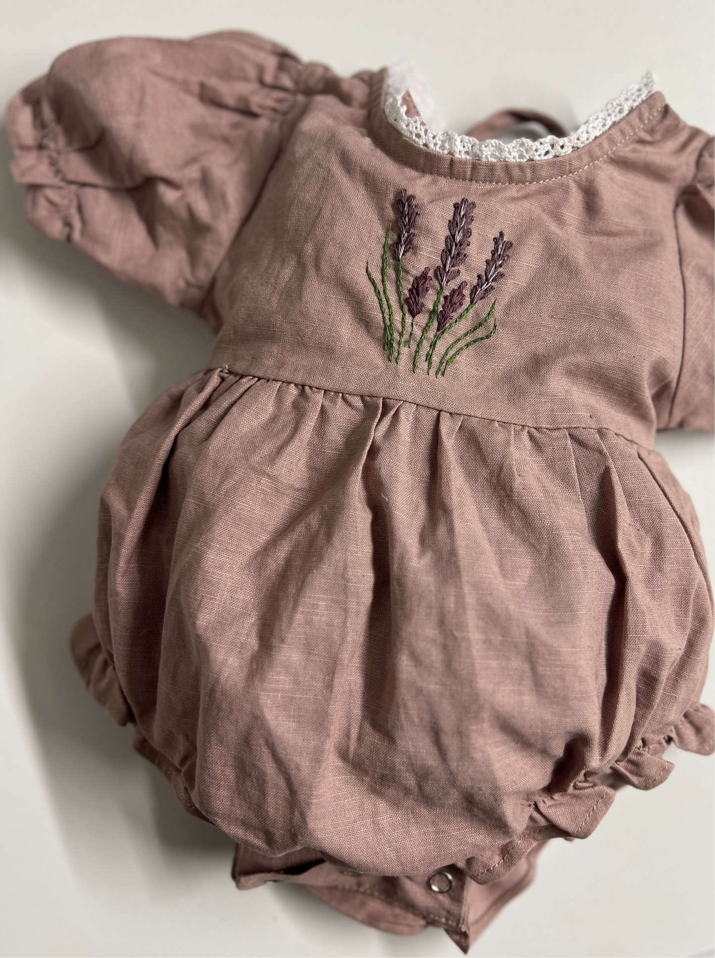 Lavender Breeze | Hand-Embroidered Linen Blend Baby Bodysuit | 0-3 months