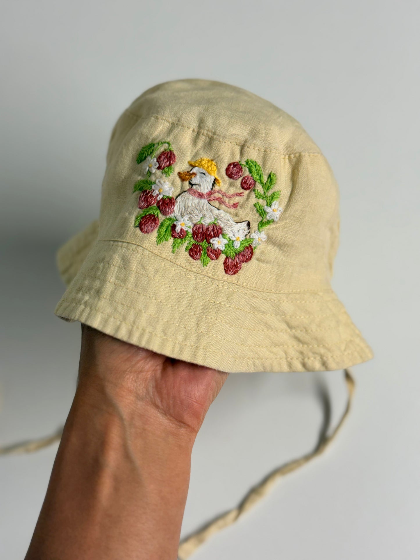 Hand Embroidered Linen Toddler Hat – Duck & Strawberries – 1–2 Years