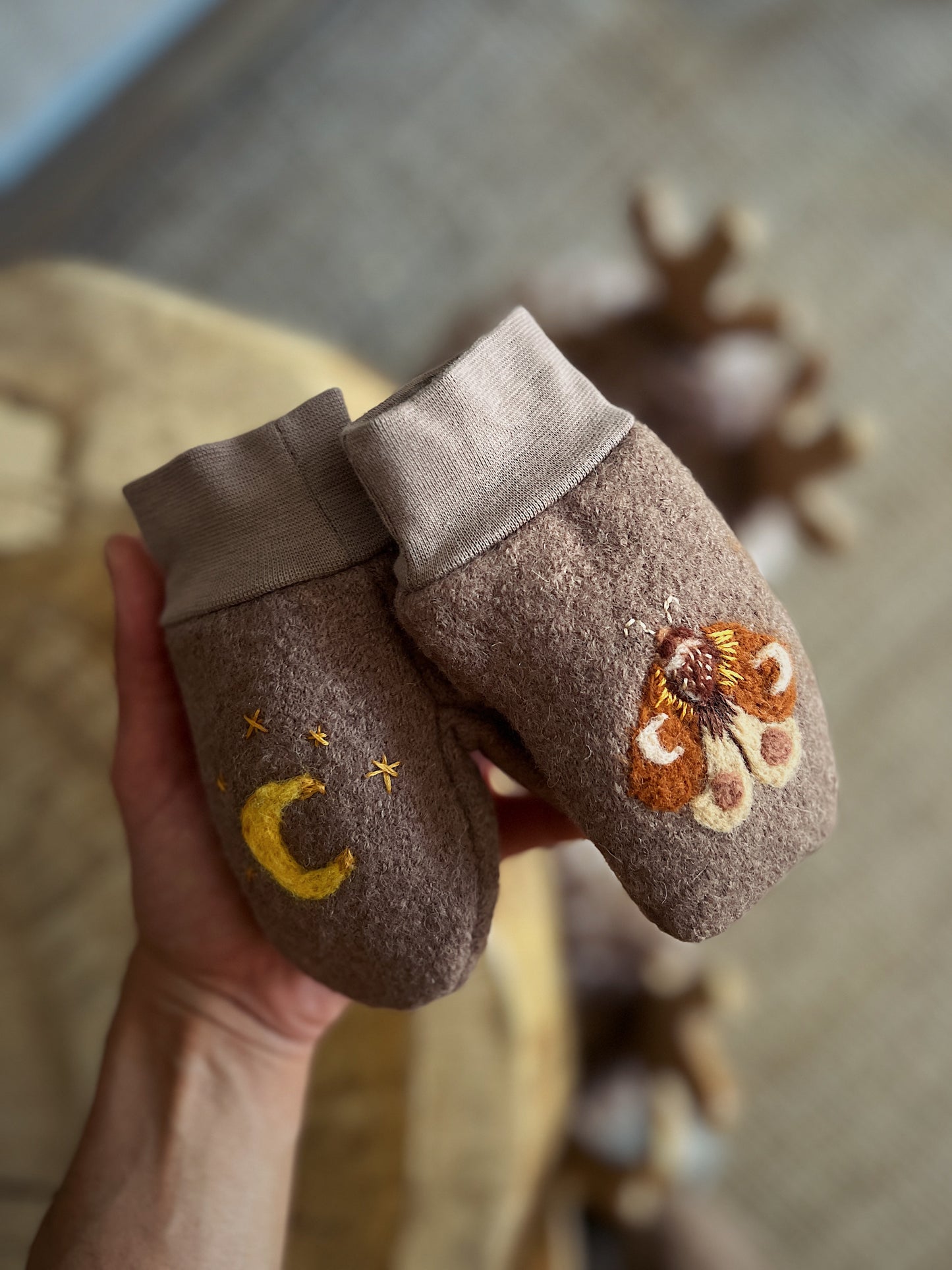 Lunar Moth – hand-stitched wool mittens for kids