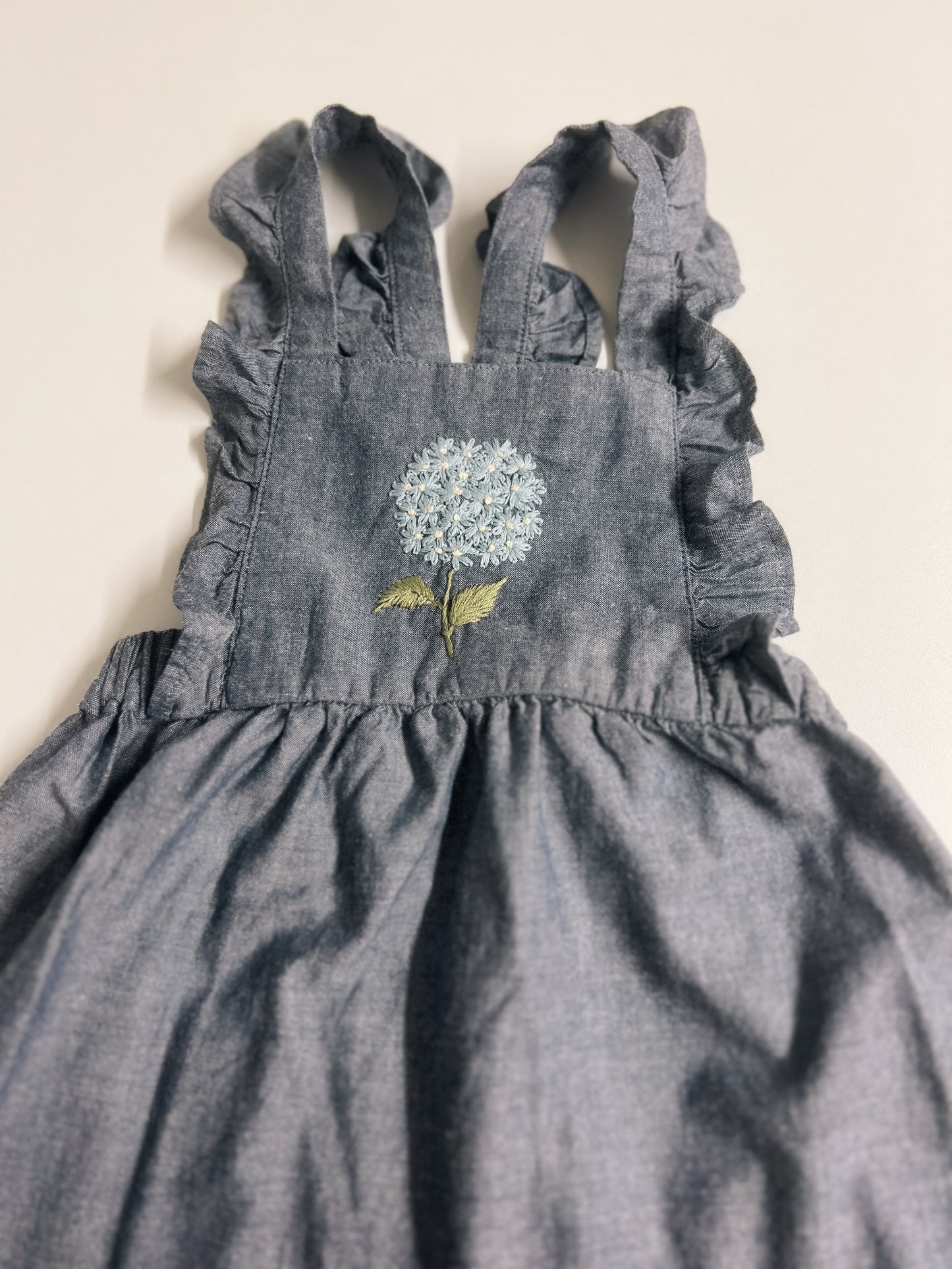 Hydrangea Denim | hand-embroidered pinafore dress | size 98 (2–3 years)