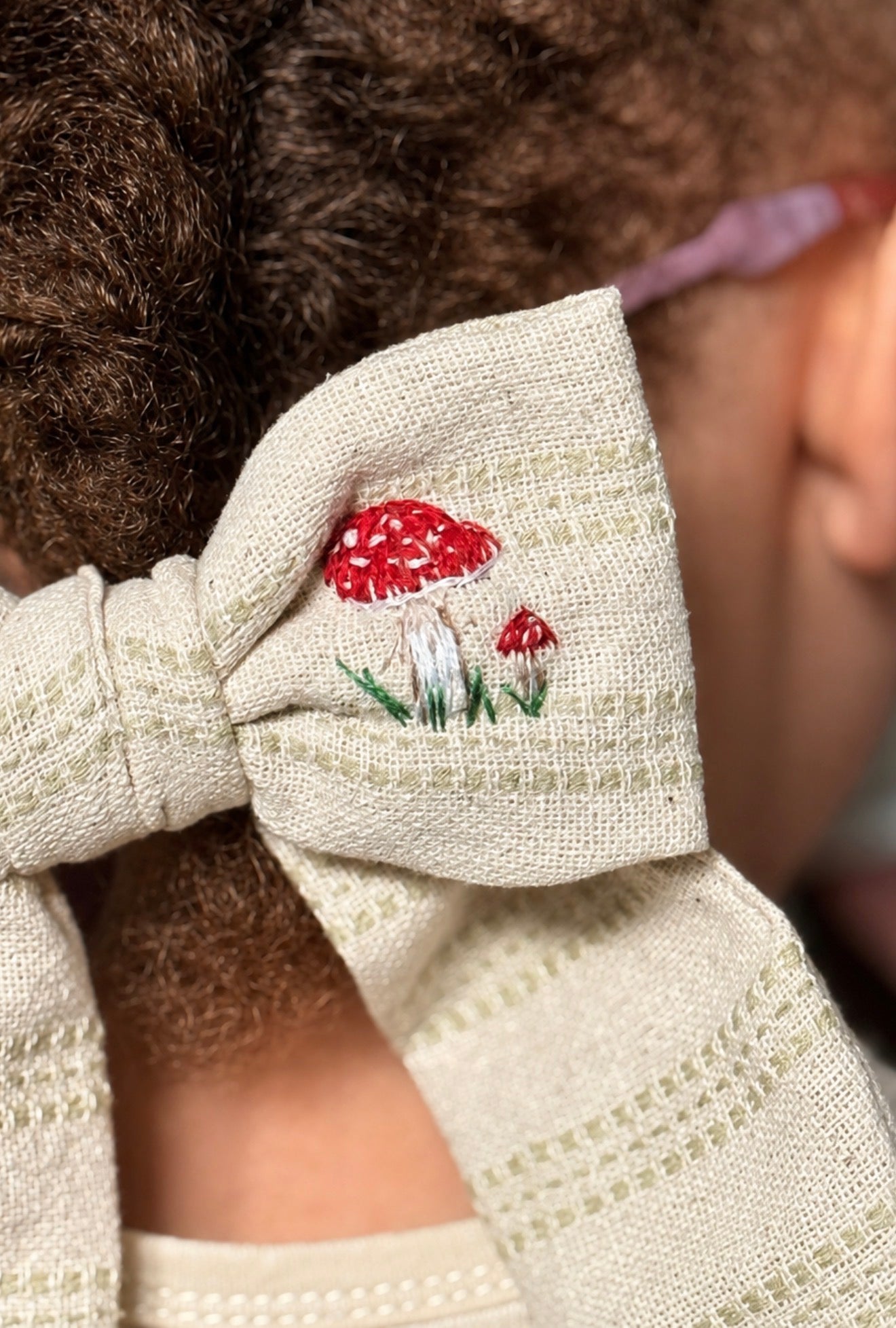 Hand-Embroidered Mushroom Bow Hair Tie