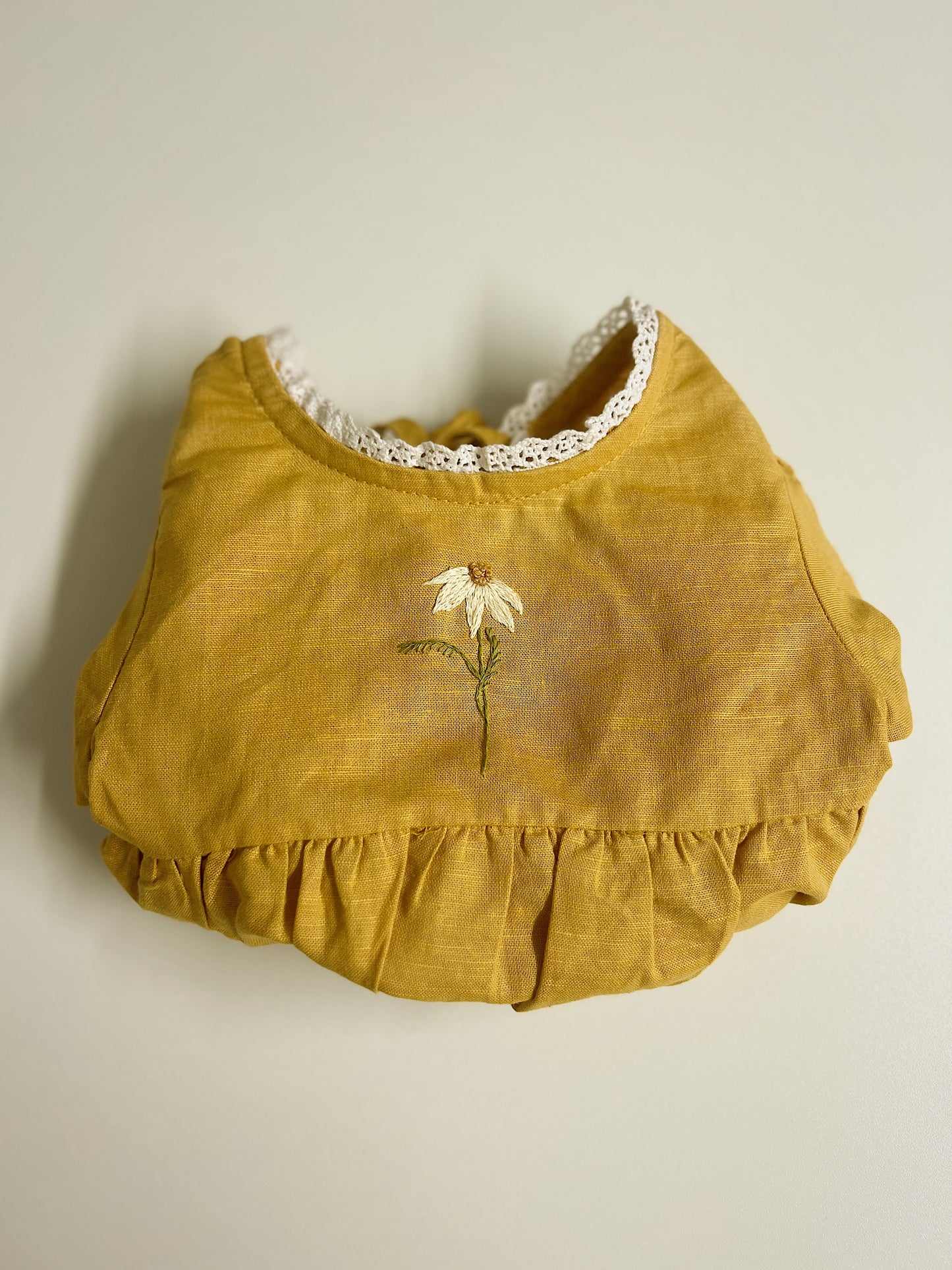 Golden Daisy | hand-embroidered linen blend romper | size 56 (0-3 months)