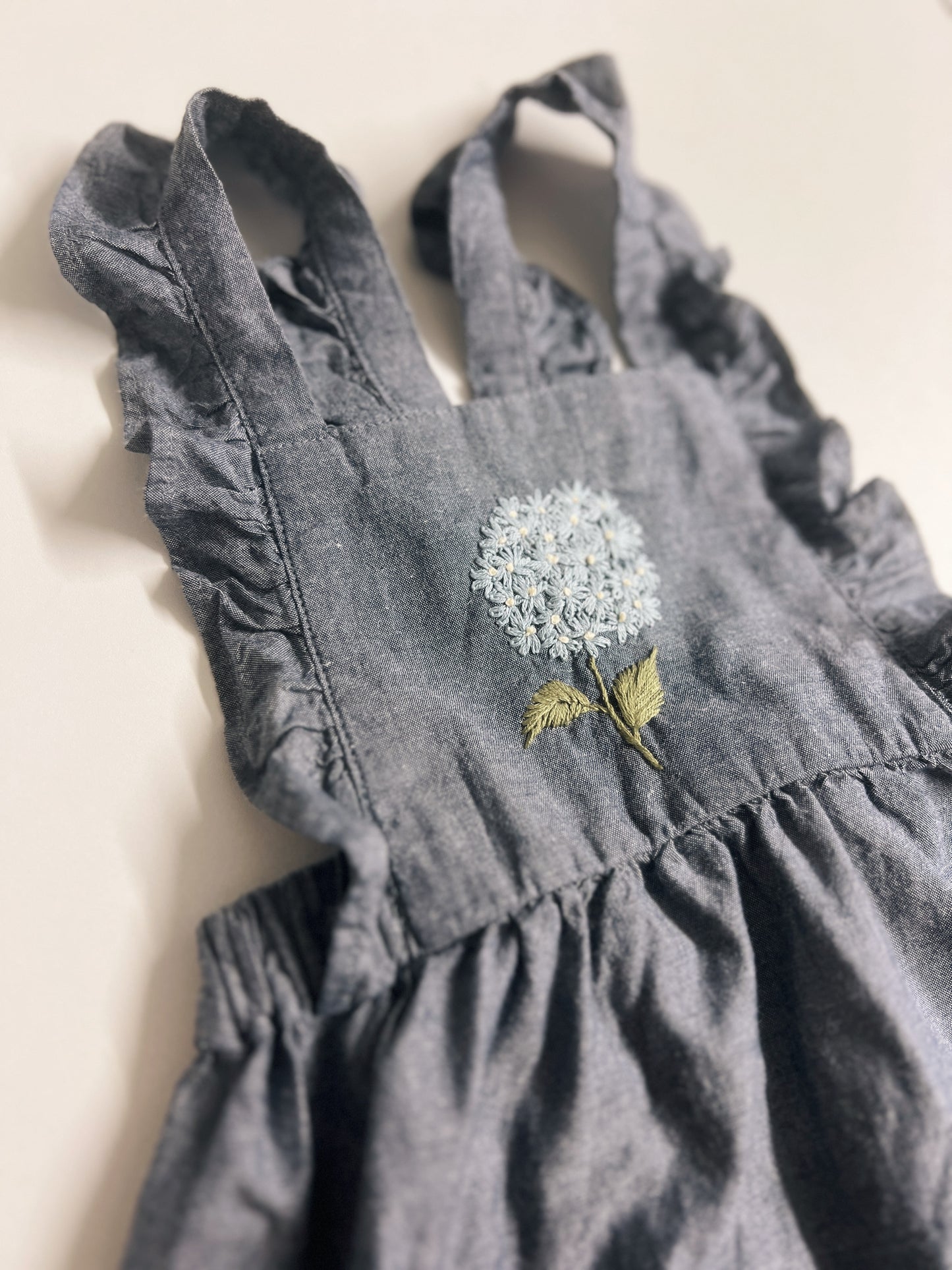 Hydrangea Denim | hand-embroidered pinafore dress | size 98 (2–3 years)