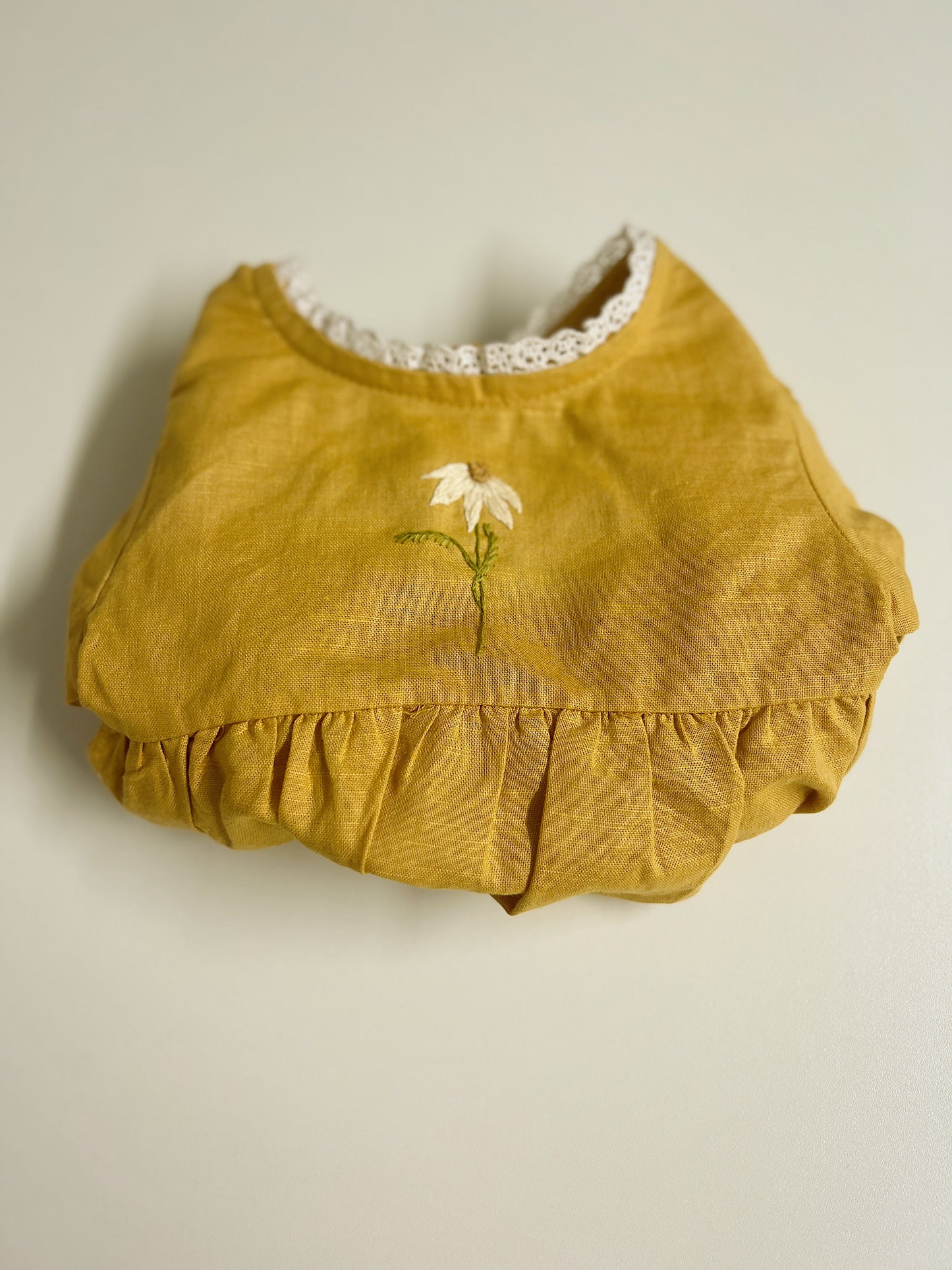 Golden Daisy | hand-embroidered linen blend romper | size 56 (0-3 months)