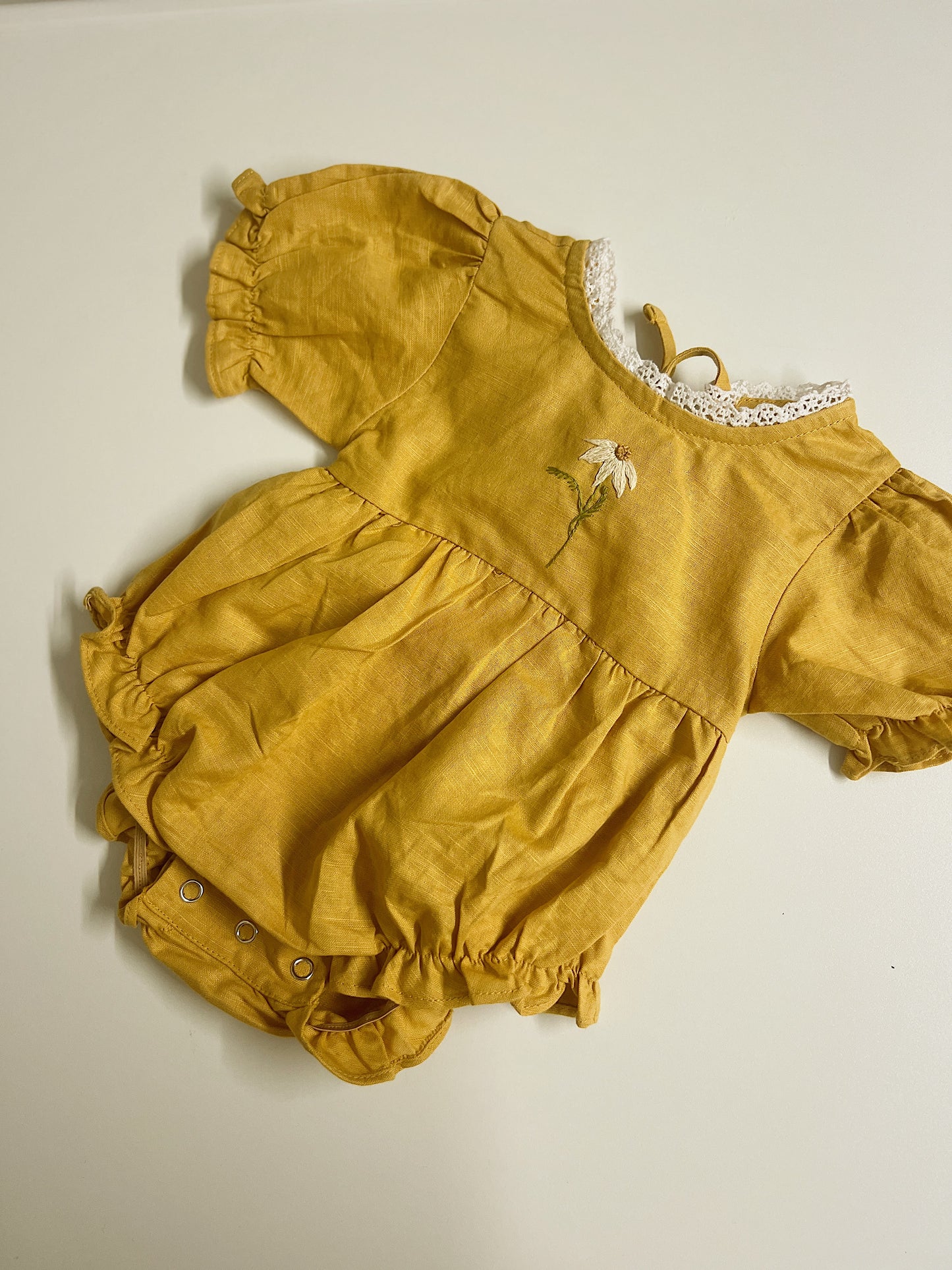Golden Daisy | hand-embroidered linen blend romper | size 56 (0-3 months)