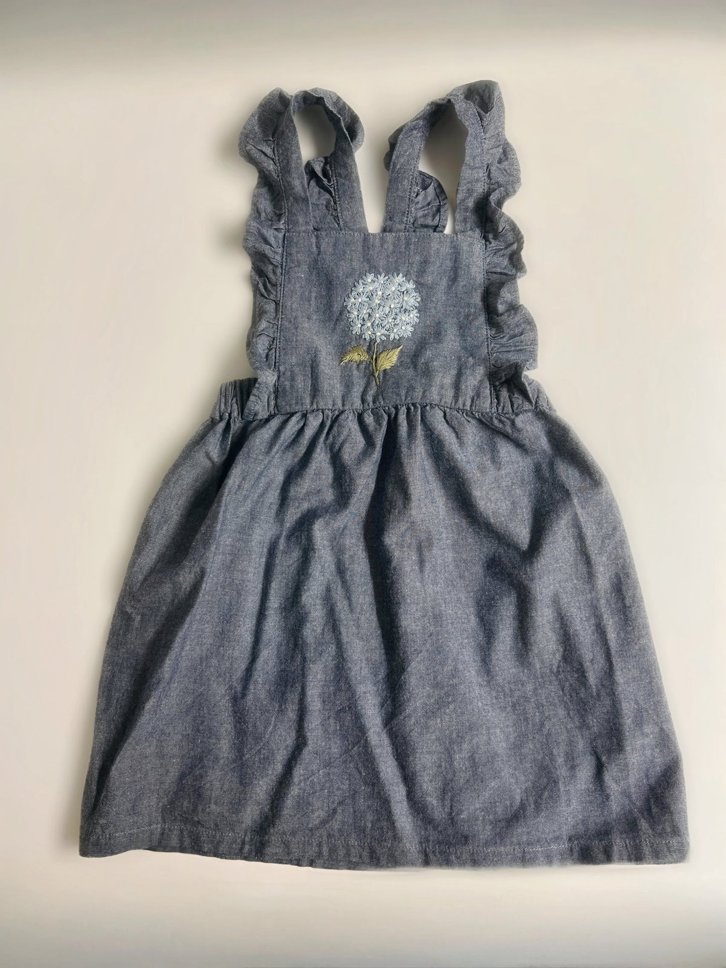 Hydrangea Denim | hand-embroidered pinafore dress | size 98 (2–3 years)