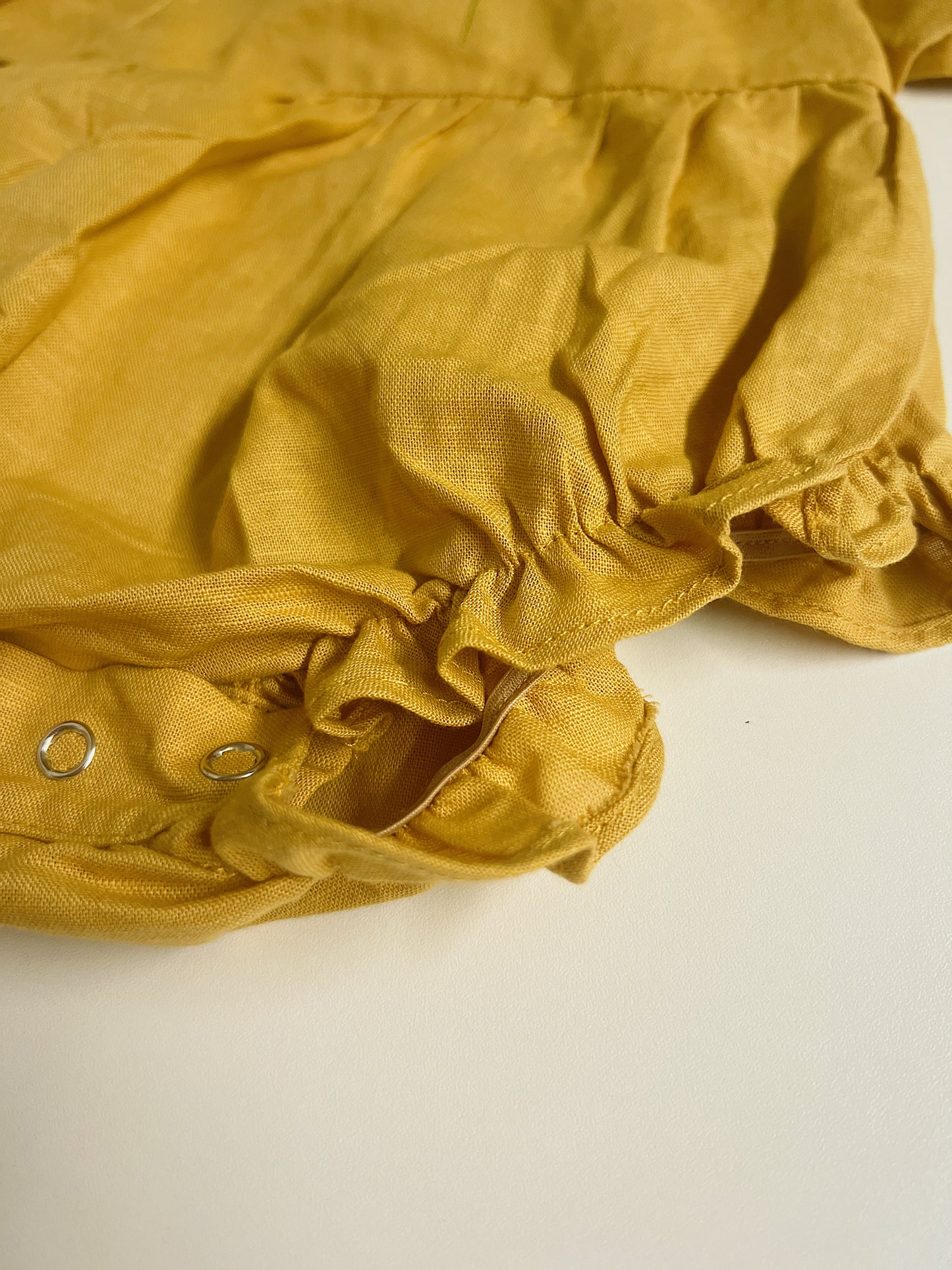 Golden Daisy | hand-embroidered linen blend romper | size 56 (0-3 months)