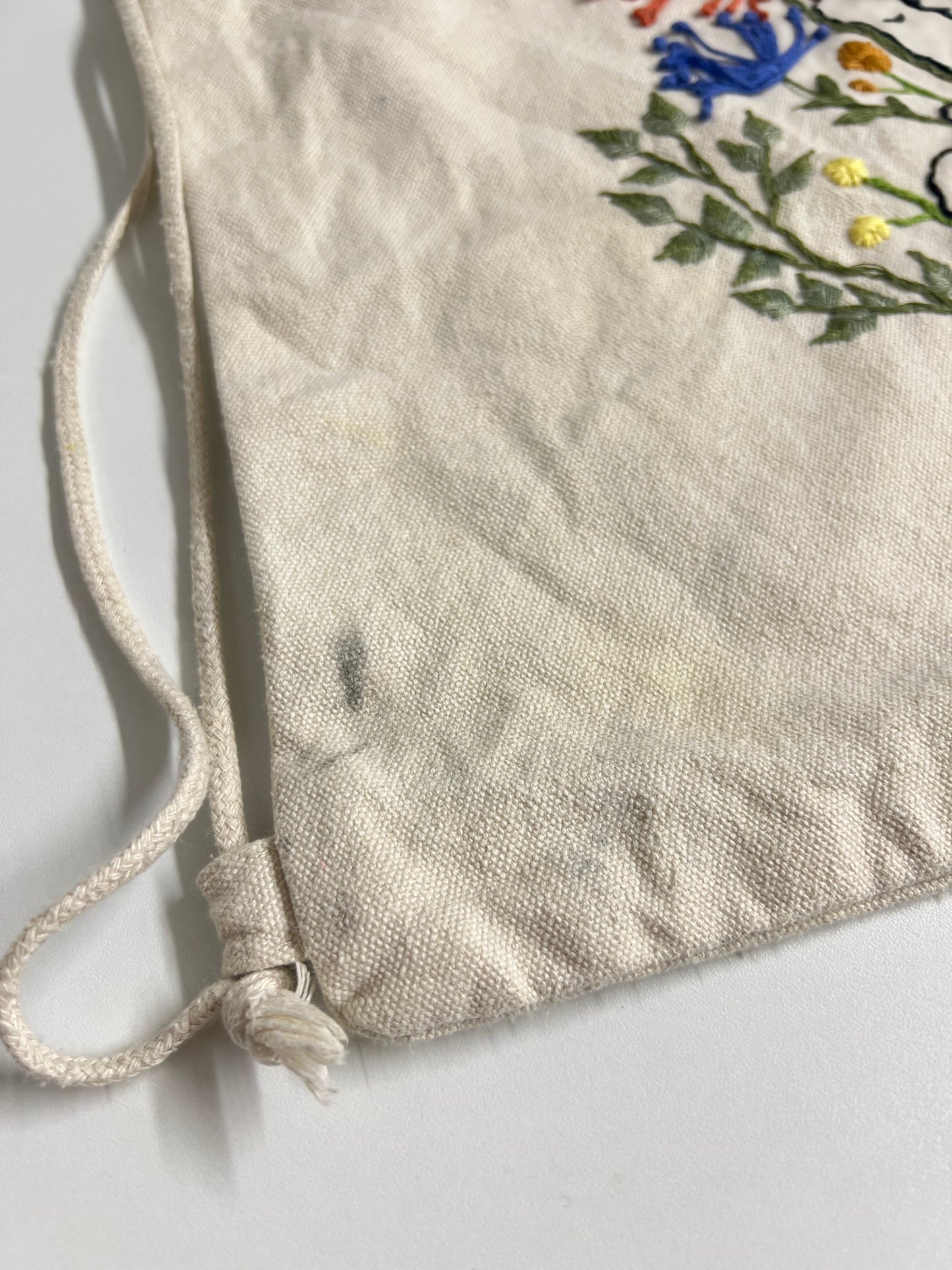 Lucky Bug – White Drawstring Tote - Hand - stitched