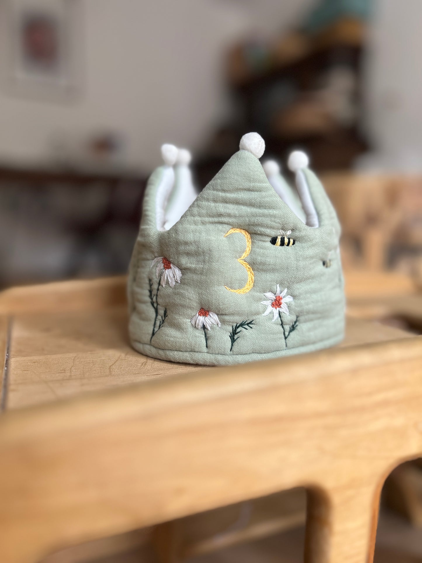Sage Wish –EMBROIDERED birthday crown for a 3-year-old