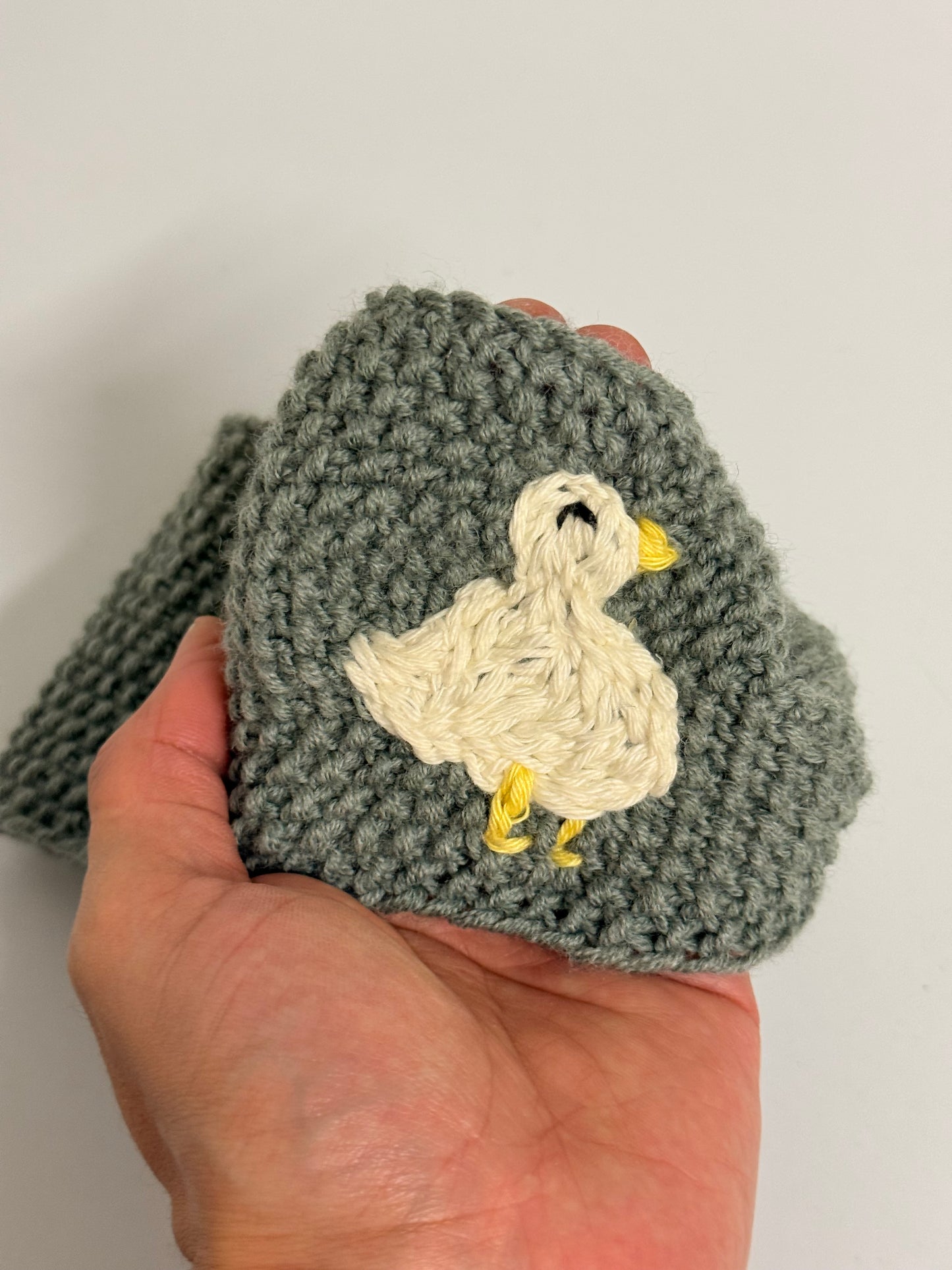 Hand-Knitted Grey Headband with Hand-Embroidered Geese