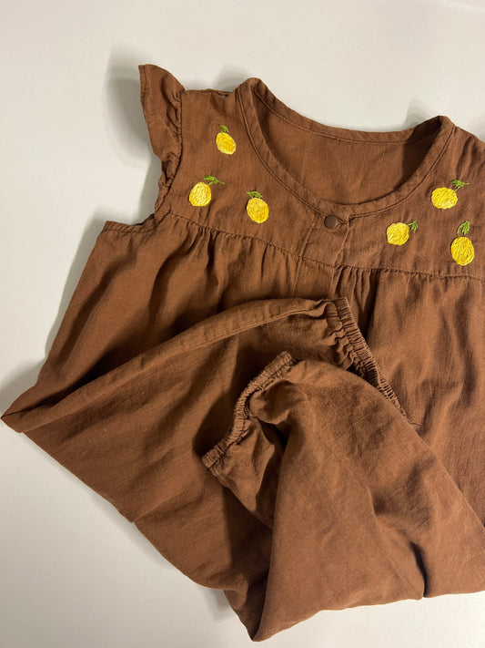 Hand-Embroidered Lemon Romper in Brown | Size 74/86 (9-12 months)