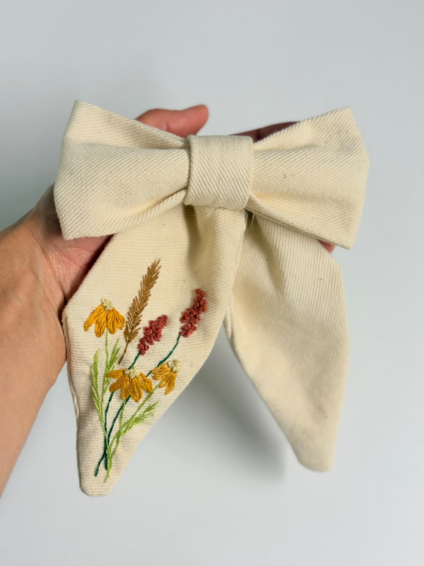 Hand-Embroidered Bow Hair Tie in Thick Cotton