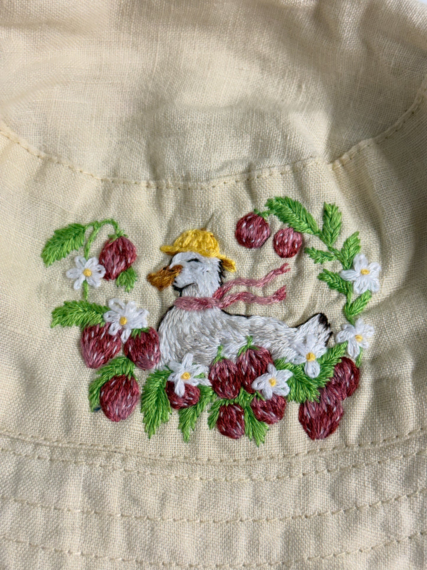 Hand Embroidered Linen Toddler Hat – Duck & Strawberries – 1–2 Years