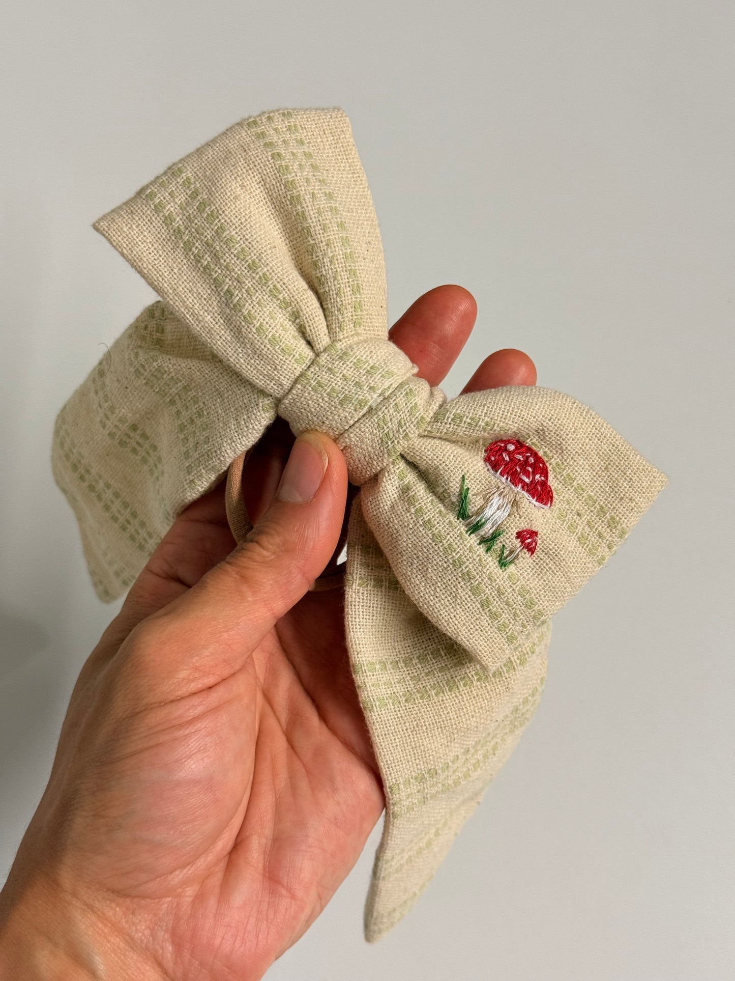Hand-Embroidered Mushroom Bow Hair Tie