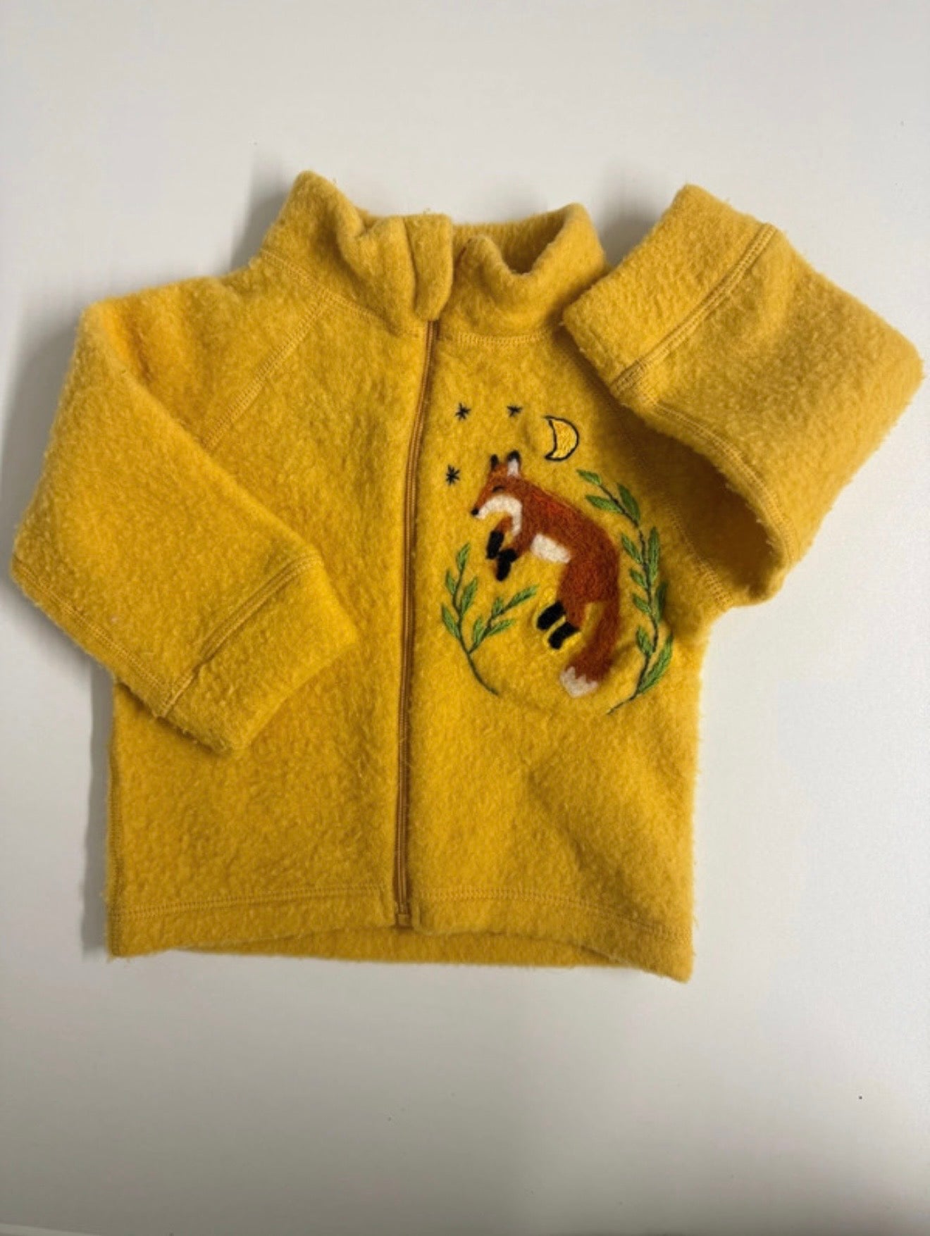 Upcycled Alana Merino Wool Baby Jacket with Handcrafted Fox – Mustard Yellow – Size 62