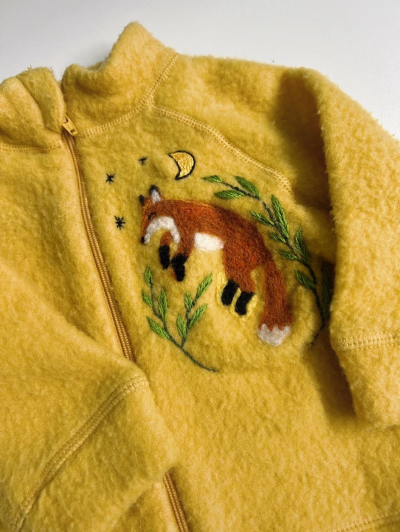Upcycled Alana Merino Wool Baby Jacket with Handcrafted Fox – Mustard Yellow – Size 62