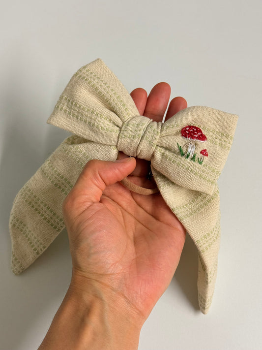 Hand-Embroidered Mushroom Bow Hair Tie
