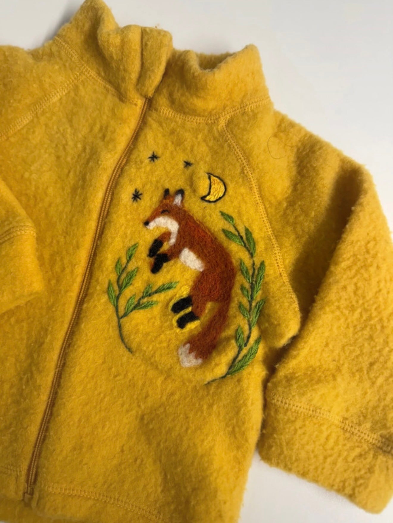 Upcycled Alana Merino Wool Baby Jacket with Handcrafted Fox – Mustard Yellow – Size 62