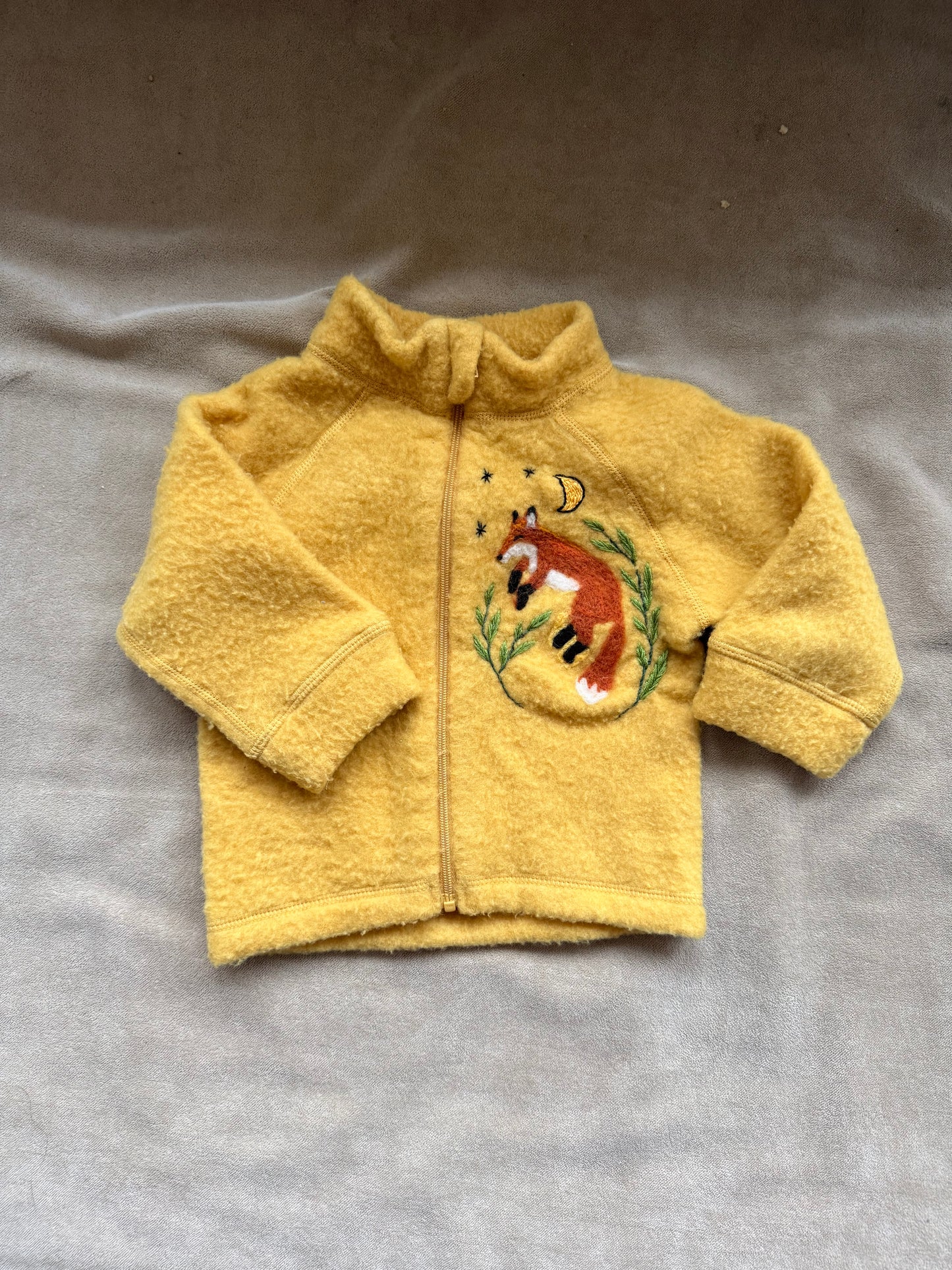 Upcycled Alana Merino Wool Baby Jacket with Handcrafted Fox – Mustard Yellow – Size 62