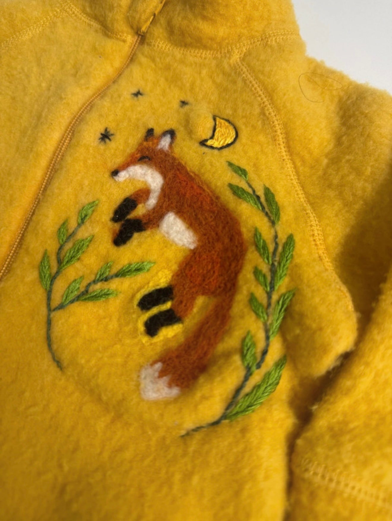 Upcycled Alana Merino Wool Baby Jacket with Handcrafted Fox – Mustard Yellow – Size 62