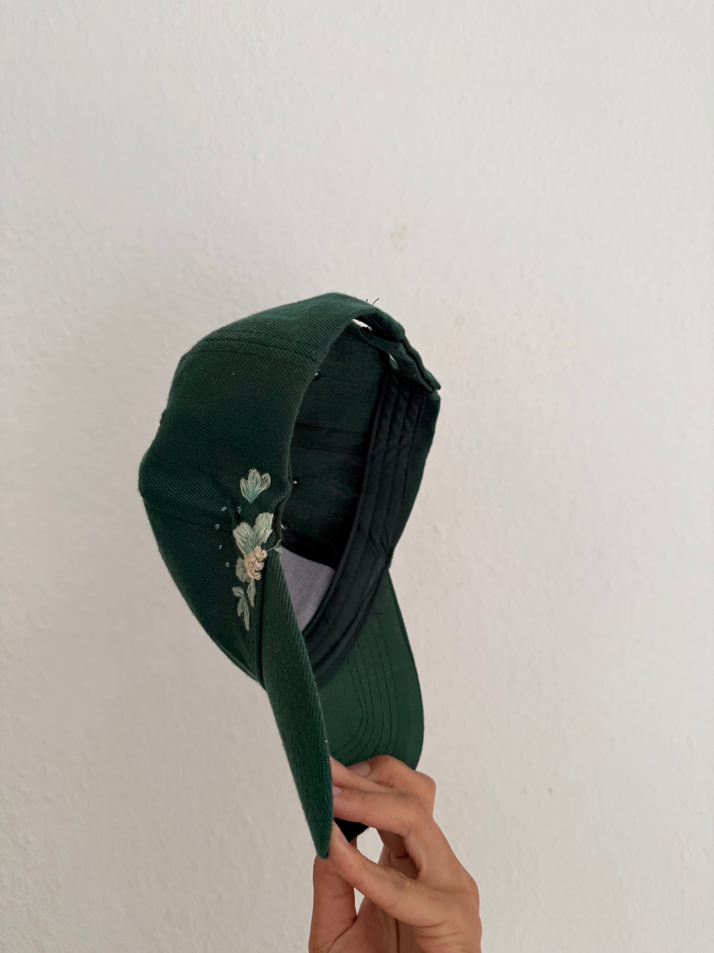 Dark Green Hand-Embroidered Botanical Cap