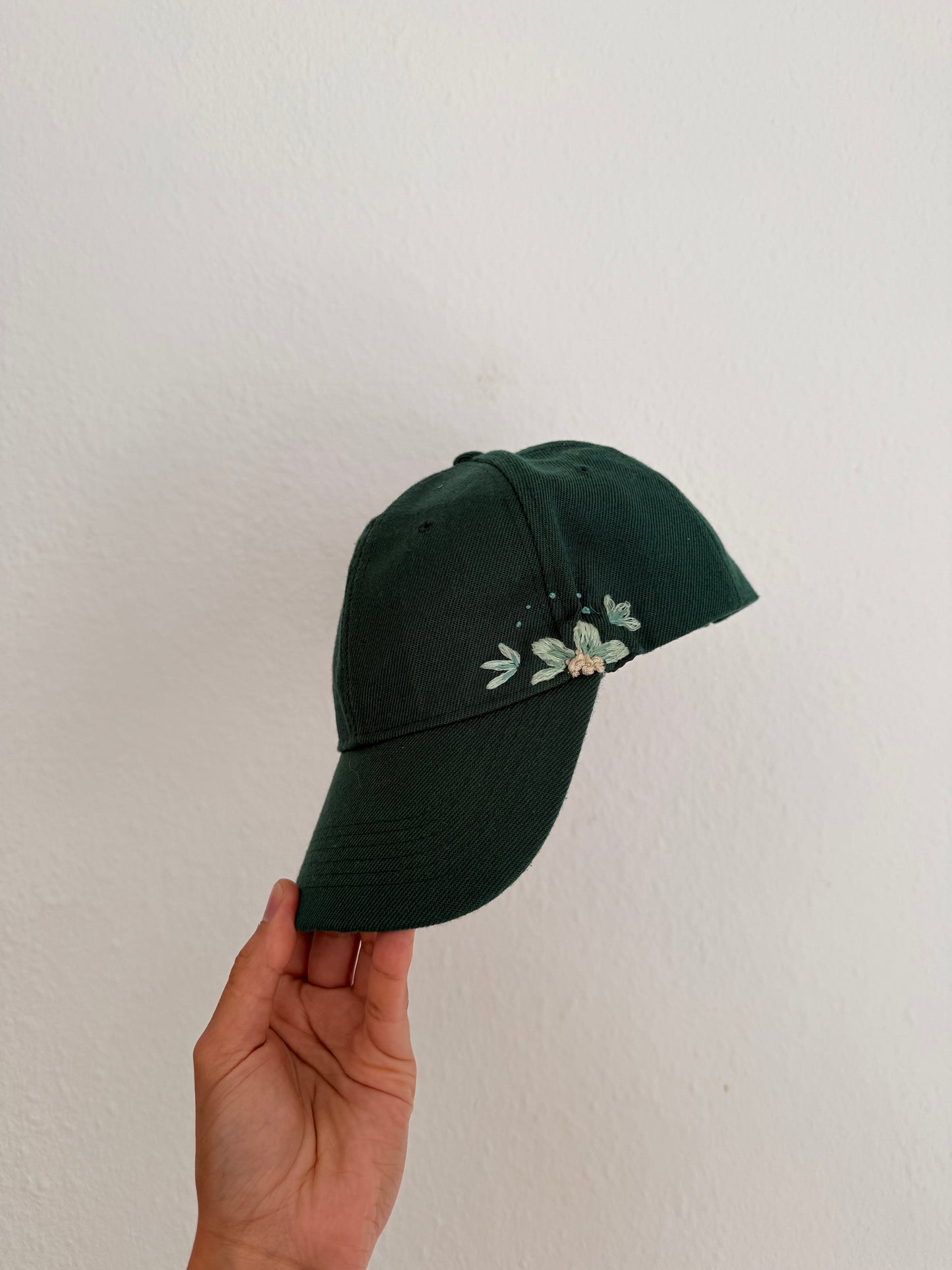 Dark Green Hand-Embroidered Botanical Cap