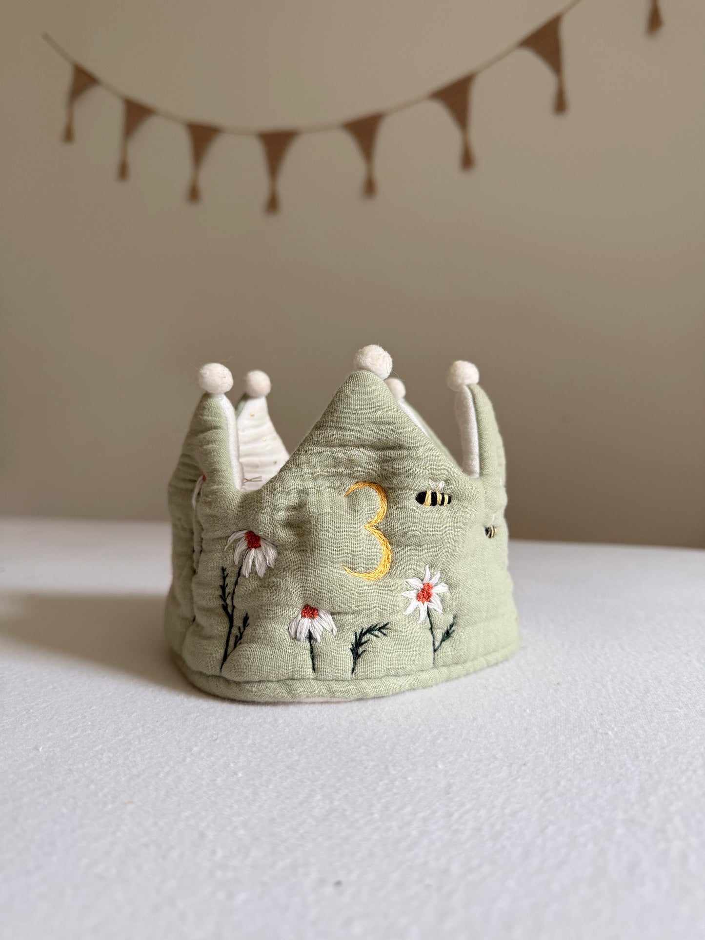 Sage Wish –EMBROIDERED birthday crown for a 3-year-old