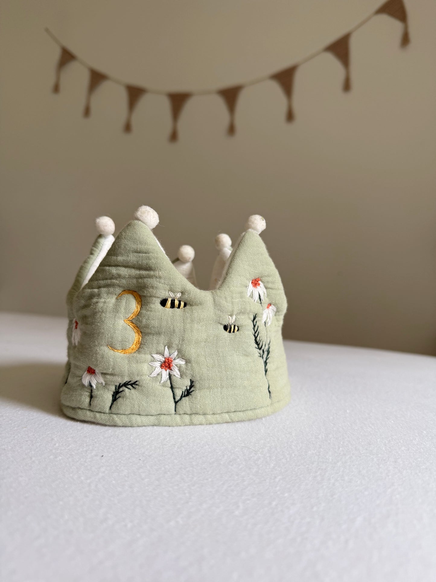 Sage Wish –EMBROIDERED birthday crown for a 3-year-old