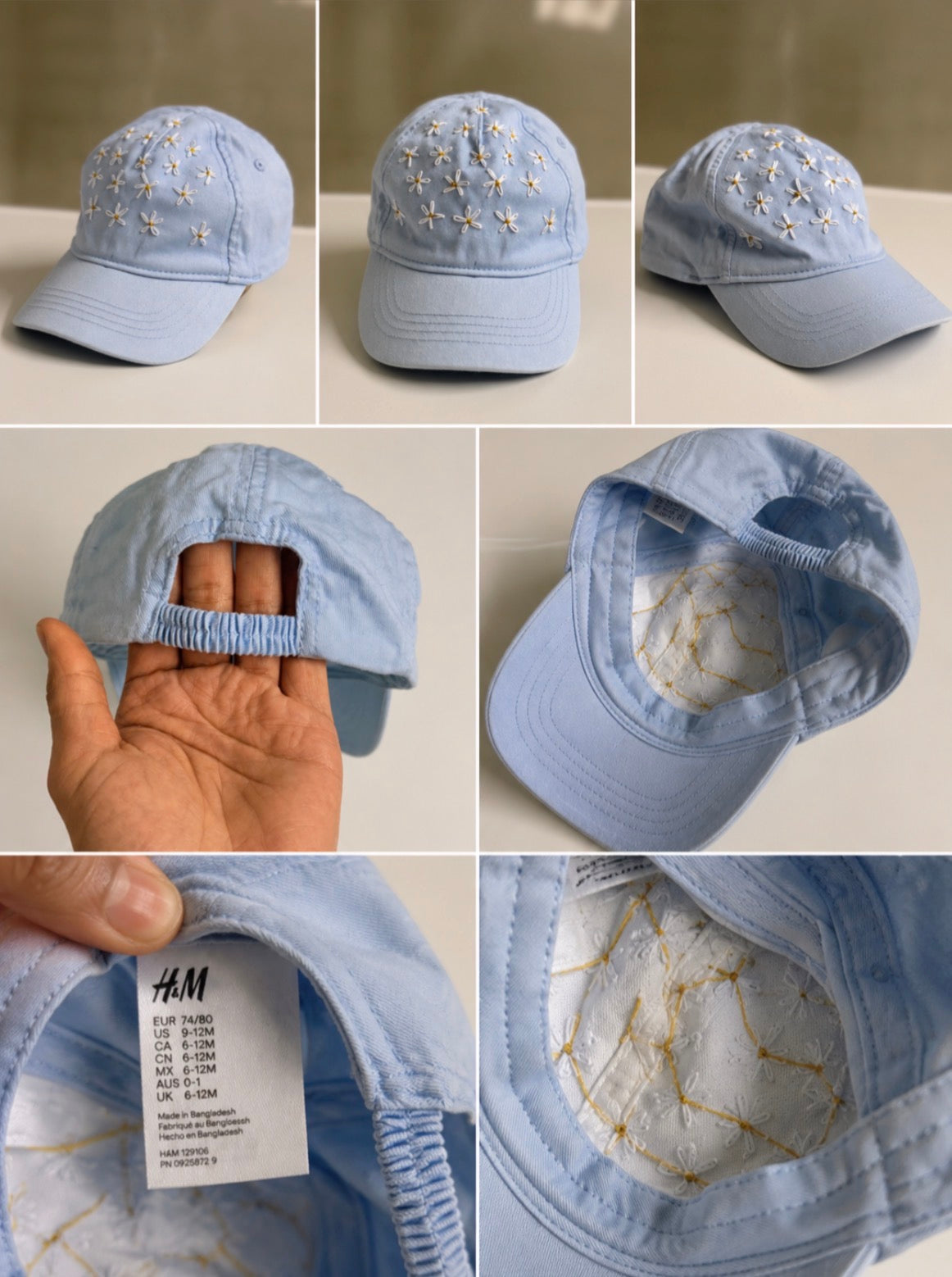 H&M Light Blue Baby Cap with Hand-Embroidered Flowers