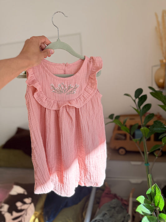 Pink Hand-Embroidered Muslin Dress – Size 98
