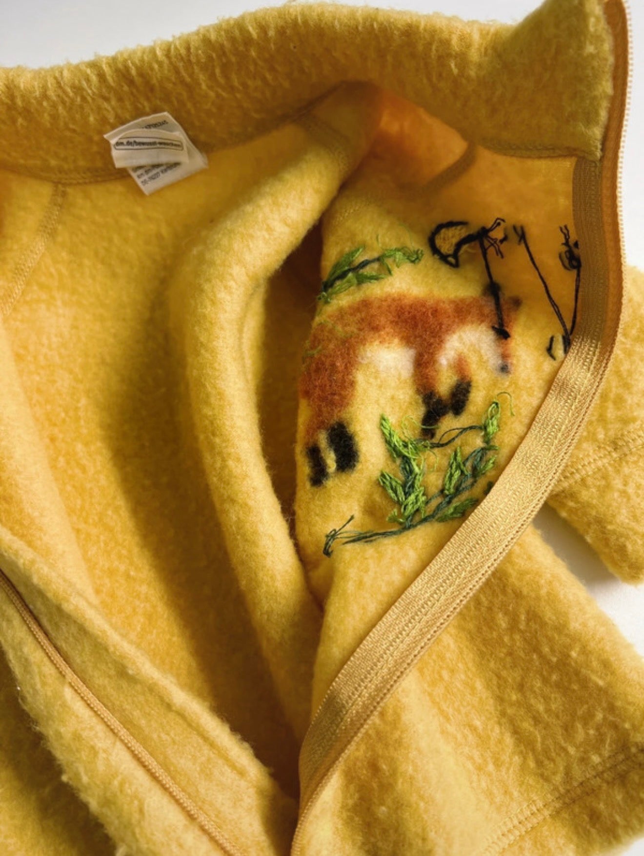 Upcycled Alana Merino Wool Baby Jacket with Handcrafted Fox – Mustard Yellow – Size 62