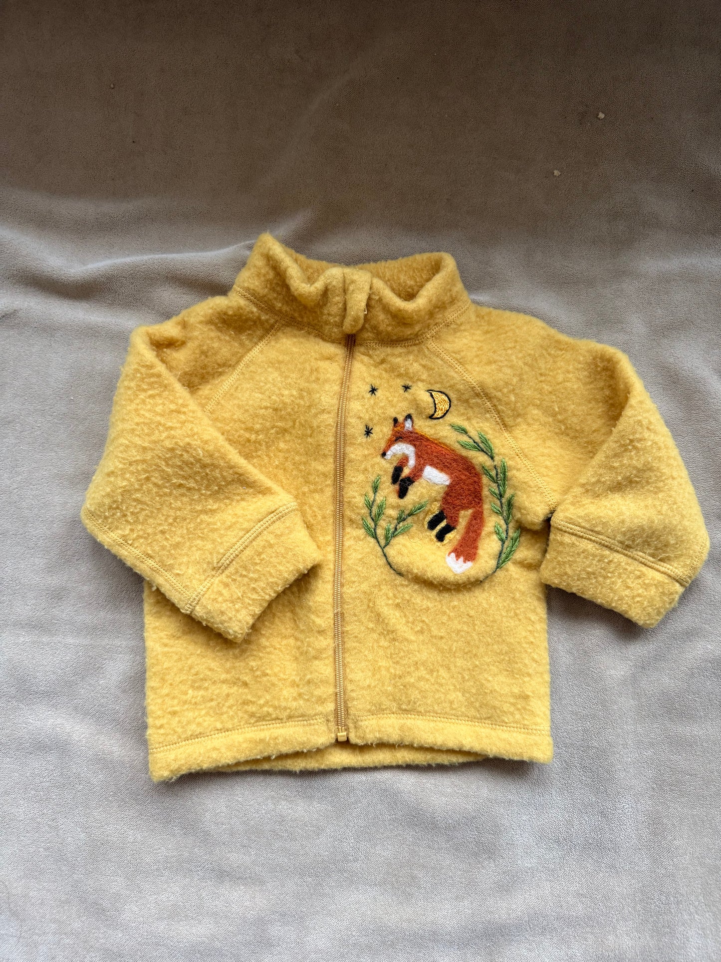 Upcycled Alana Merino Wool Baby Jacket with Handcrafted Fox – Mustard Yellow – Size 62
