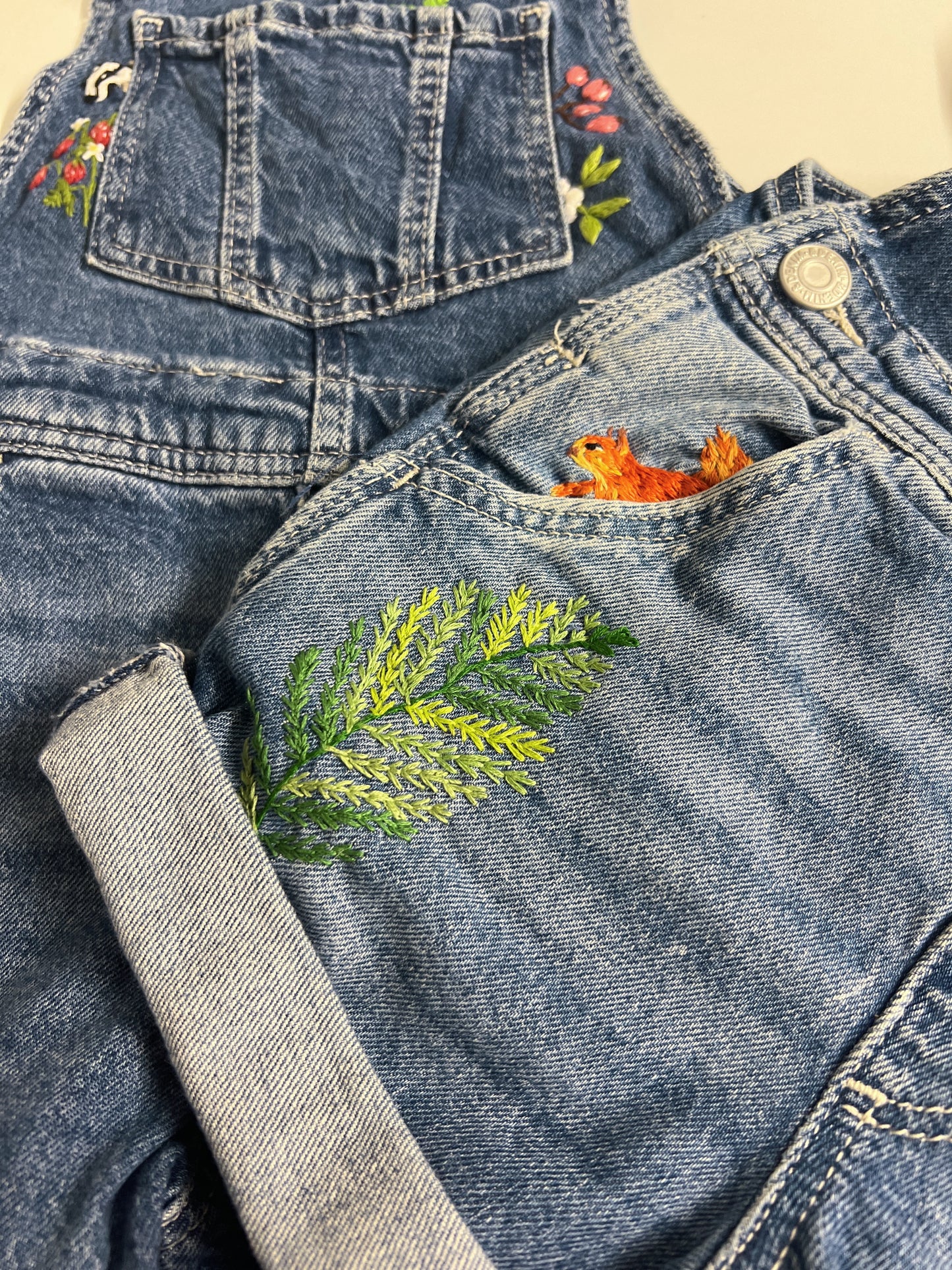 Squirrel in the Pocket | hand-embroidered denim dungarees | size 104 (3–4 years) | one of a kind