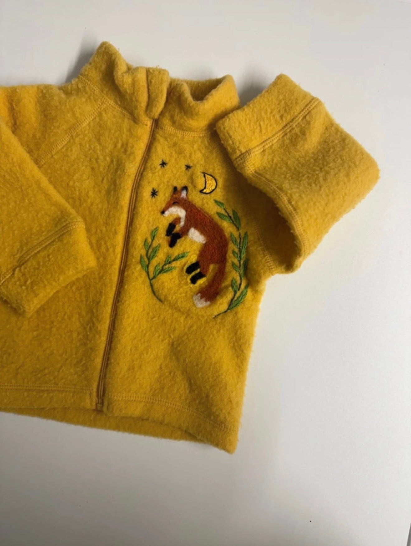 Upcycled Alana Merino Wool Baby Jacket with Handcrafted Fox – Mustard Yellow – Size 62