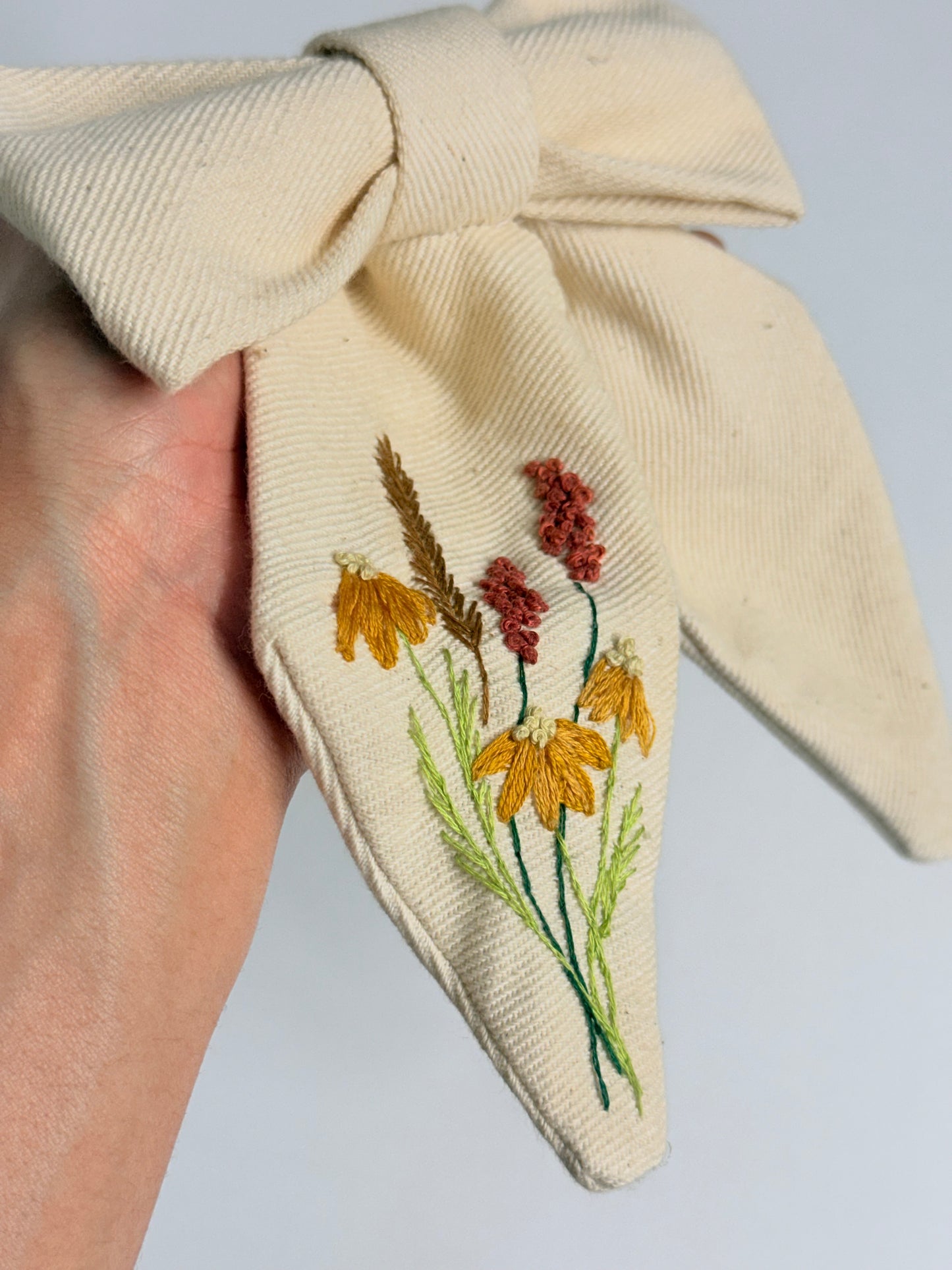 Hand-Embroidered Bow Hair Tie in Thick Cotton