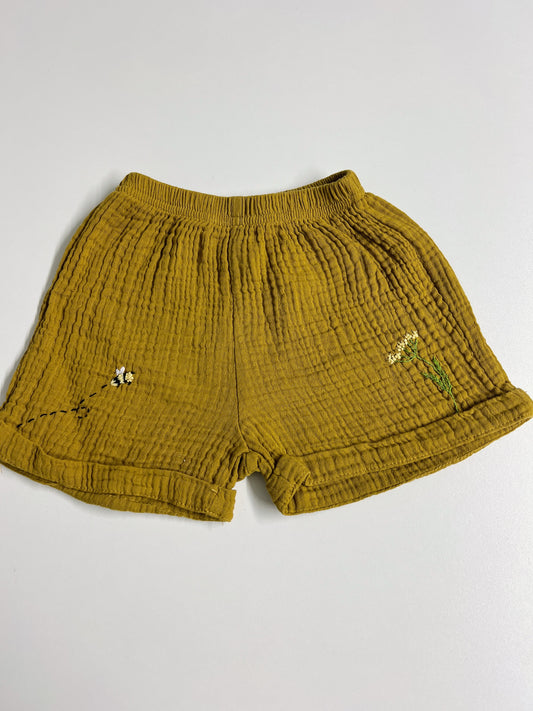 Golden Bloom — Hand-Embroidered Muslin Shorts | Size 80 (9–12 months)