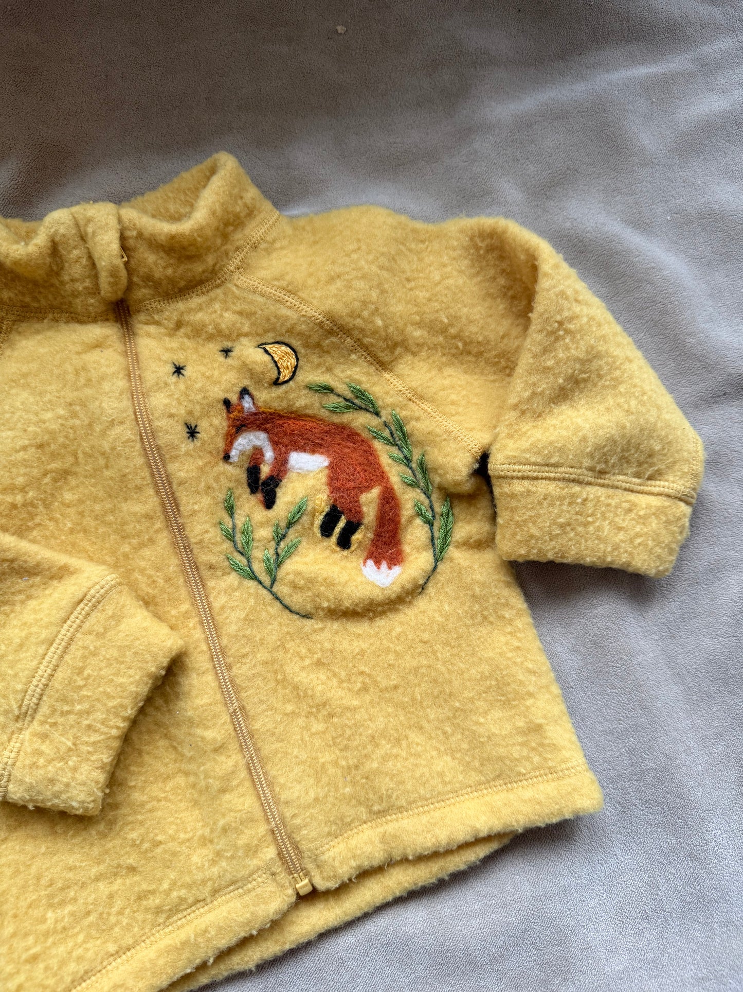 Upcycled Alana Merino Wool Baby Jacket with Handcrafted Fox – Mustard Yellow – Size 62
