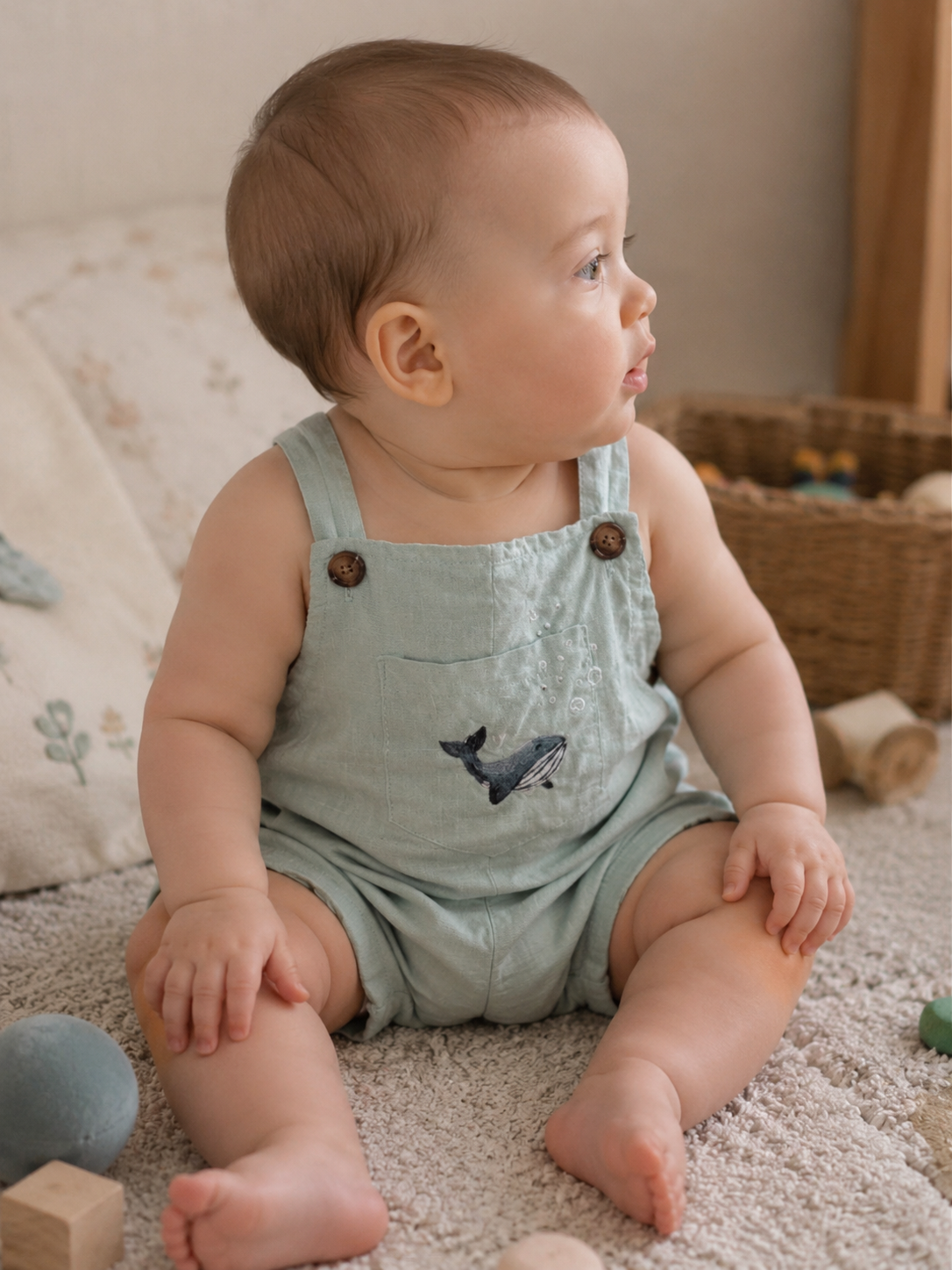 Hand-Embroidered Cotton Romper with Whale – Size 74