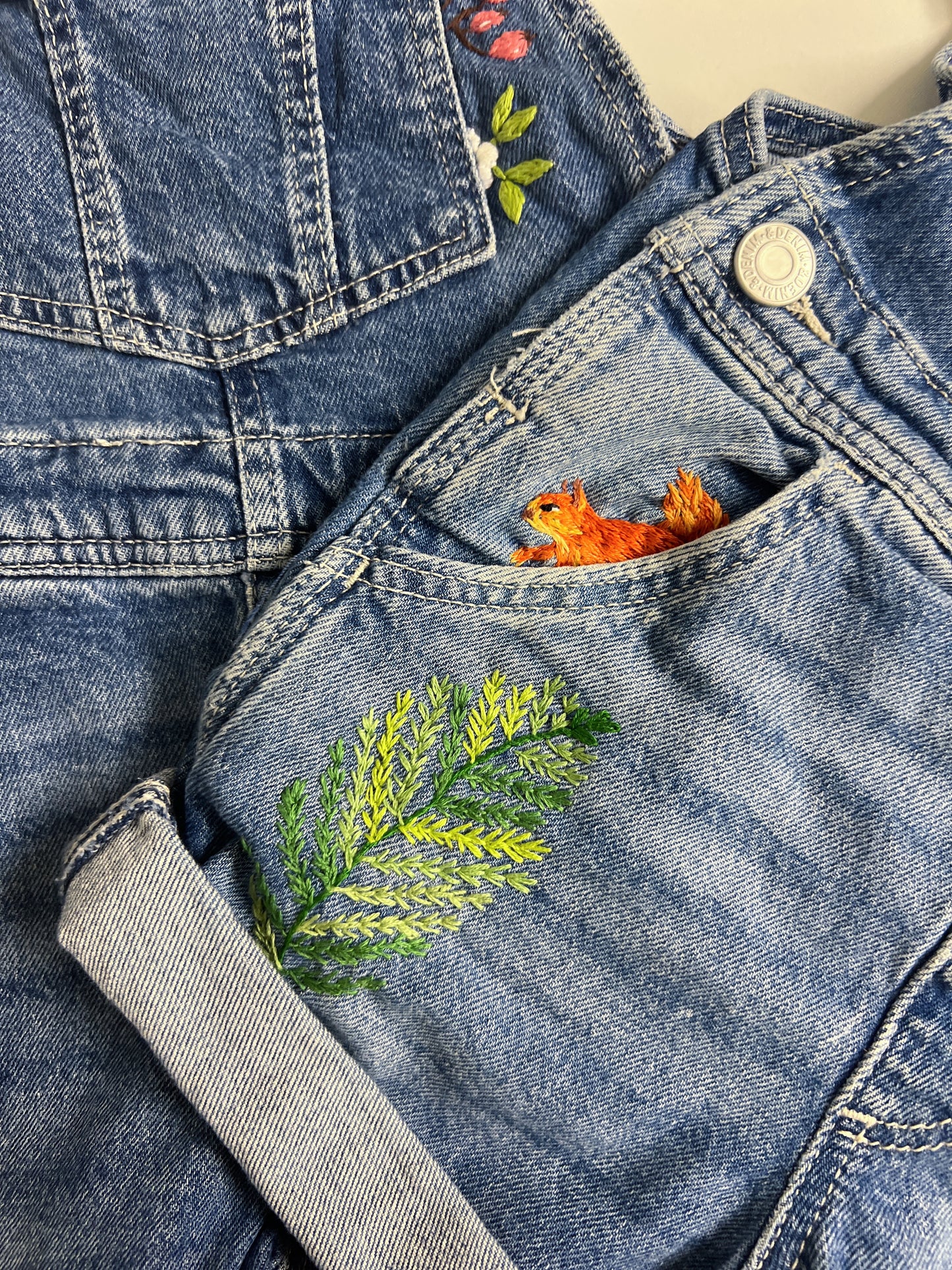 Squirrel in the Pocket | hand-embroidered denim dungarees | size 104 (3–4 years) | one of a kind