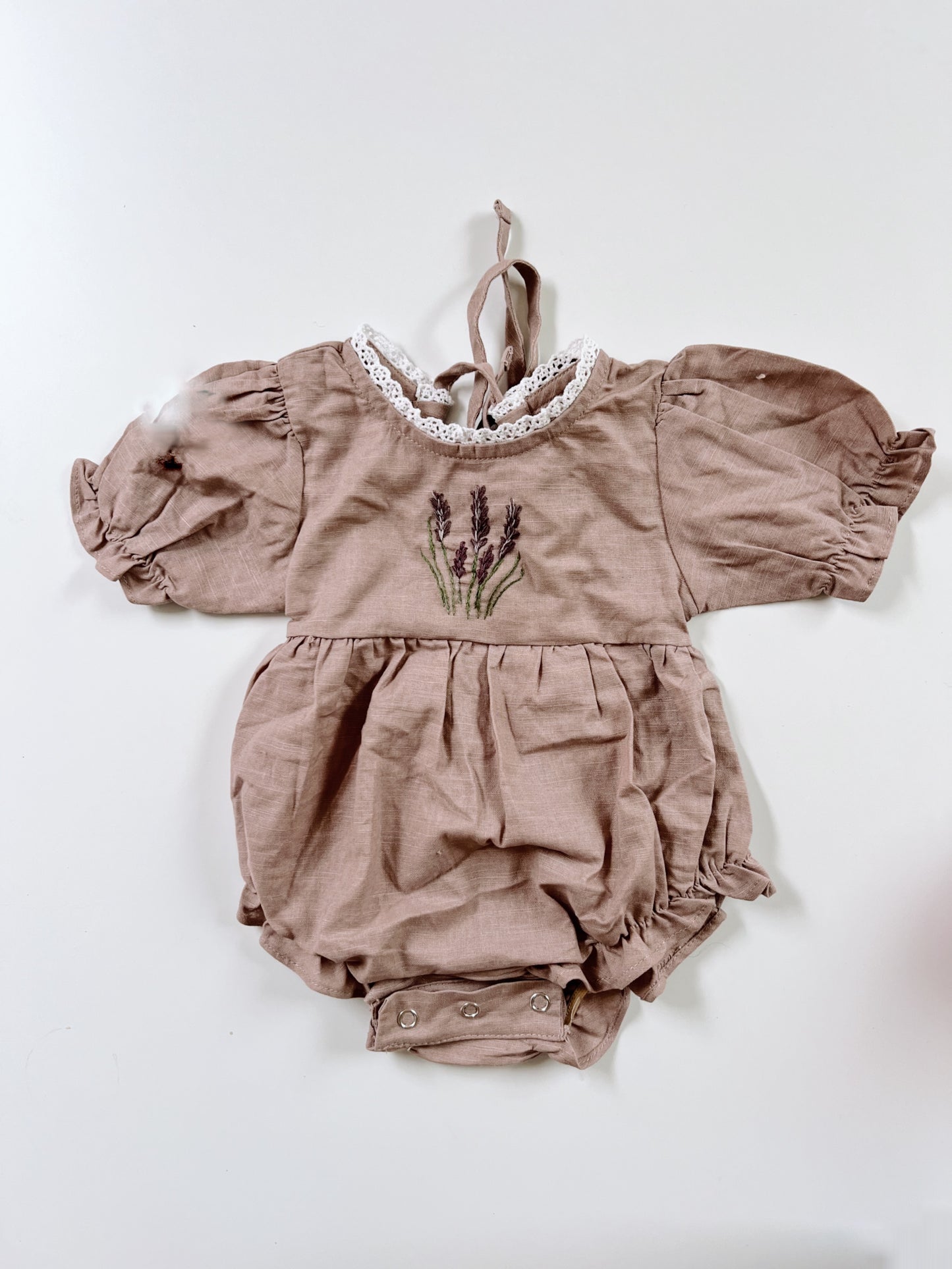 Lavender Breeze | Hand-Embroidered Linen Blend Baby Bodysuit | 0-3 months