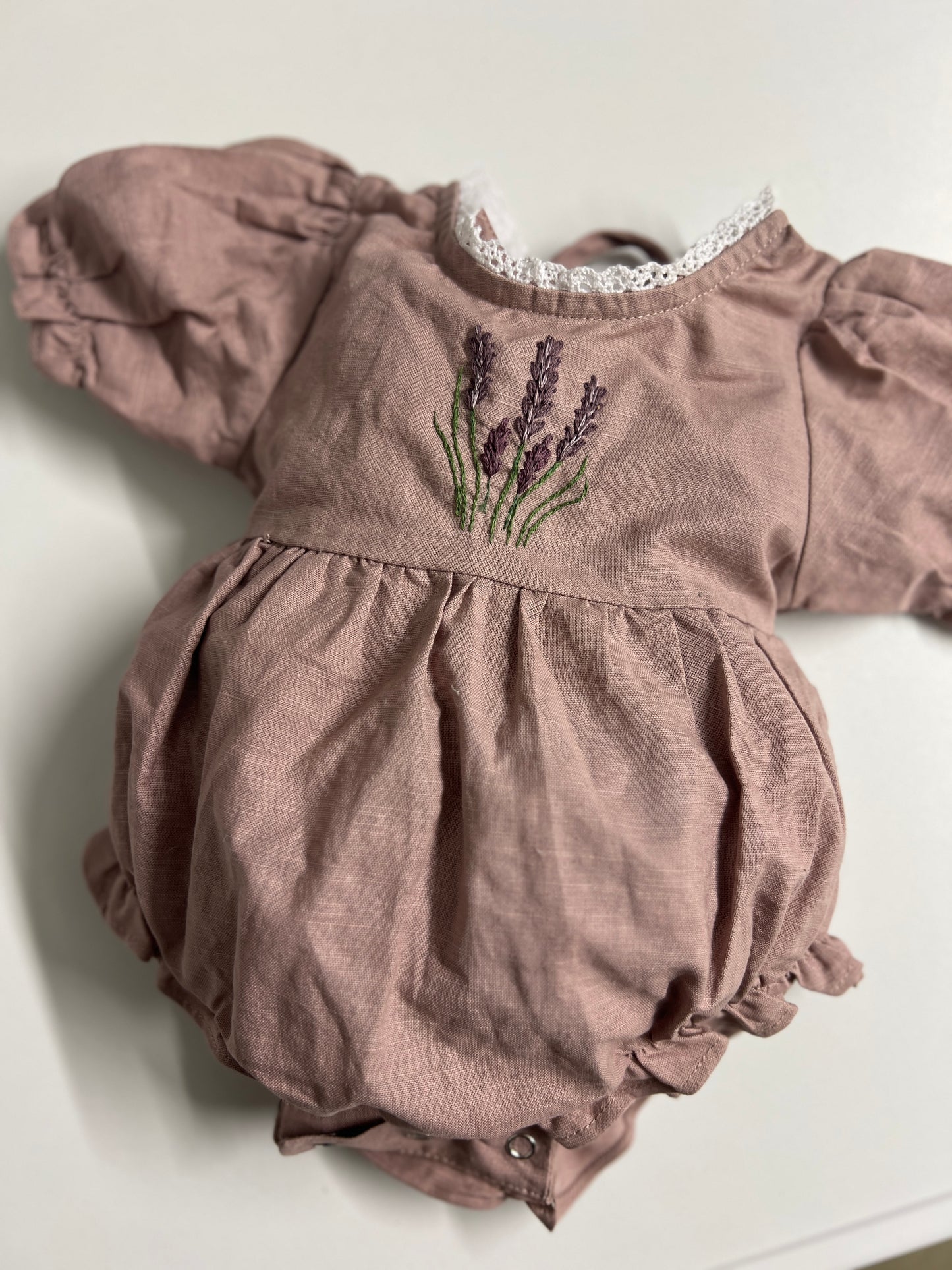Lavender Breeze | Hand-Embroidered Linen Blend Baby Bodysuit | 0-3 months