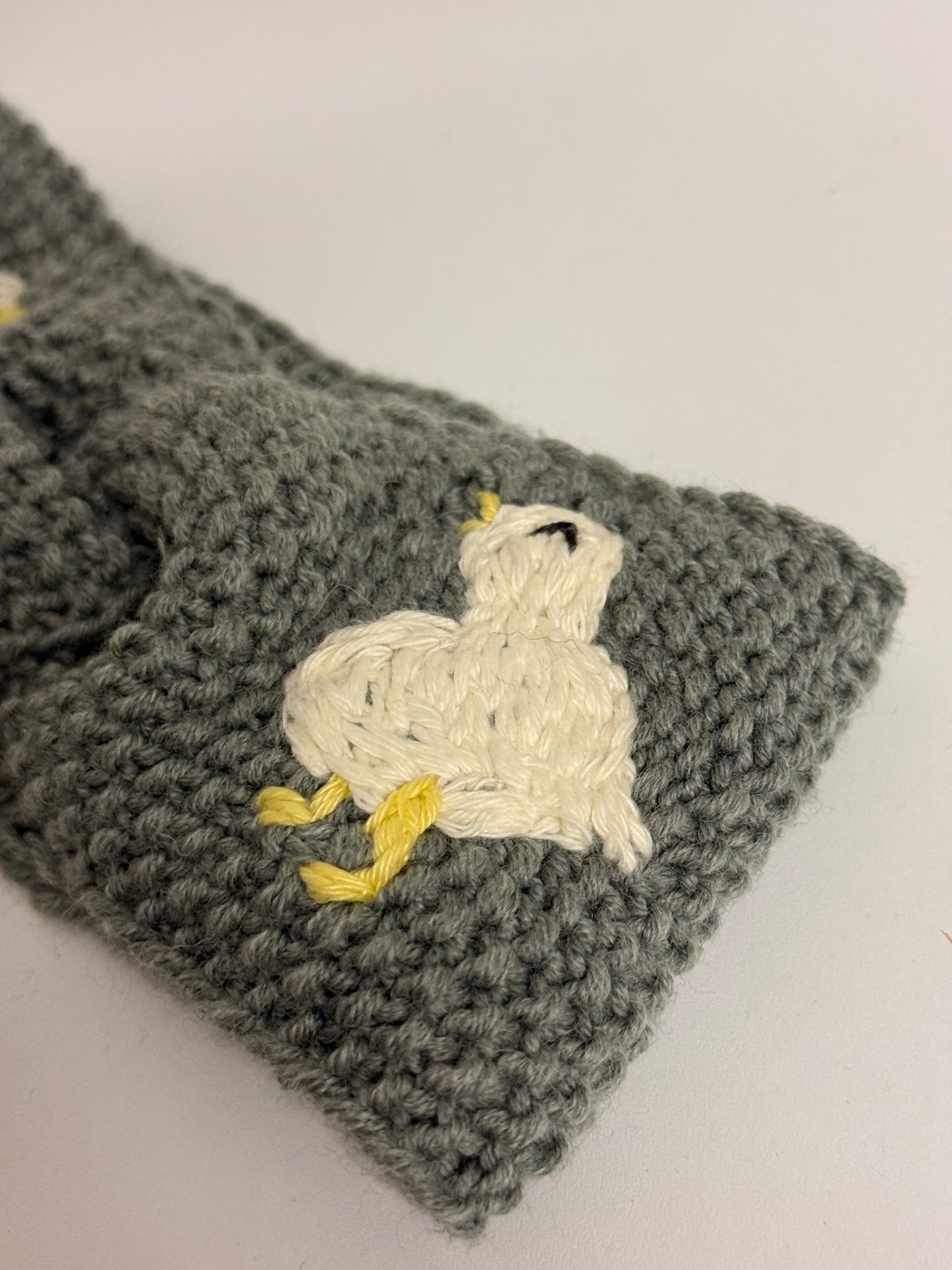 Hand-Knitted Grey Headband with Hand-Embroidered Geese