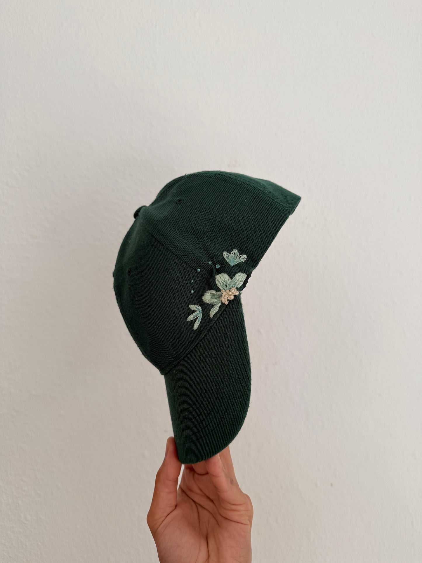 Dark Green Hand-Embroidered Botanical Cap
